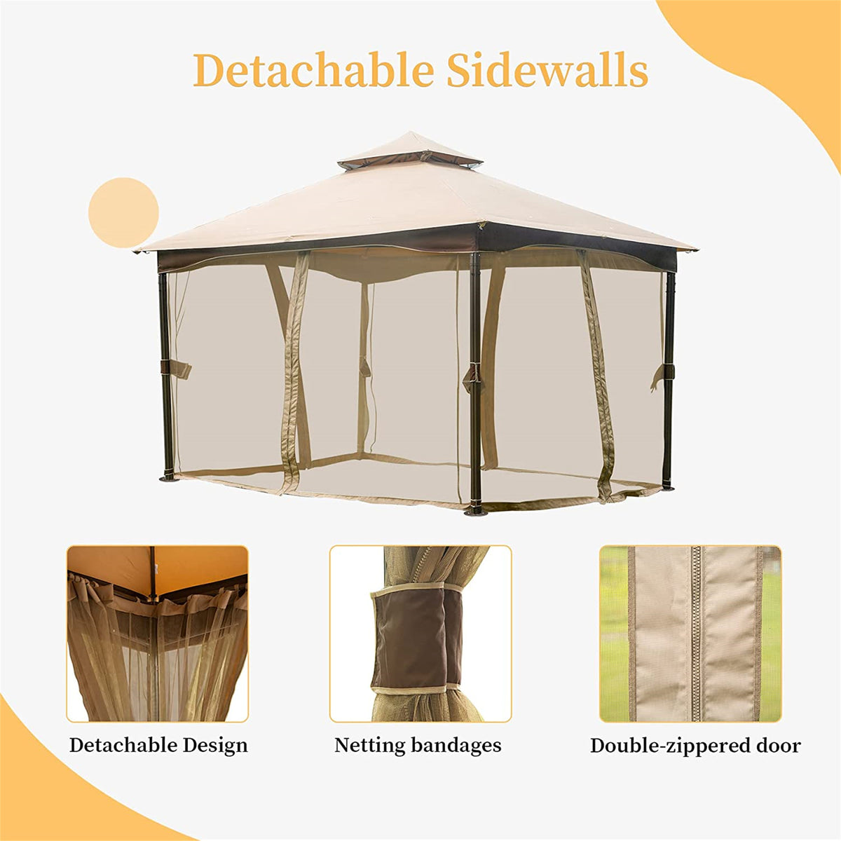 10x13 Metal Gazebo with Mosquito Netting Double Roof Khaki