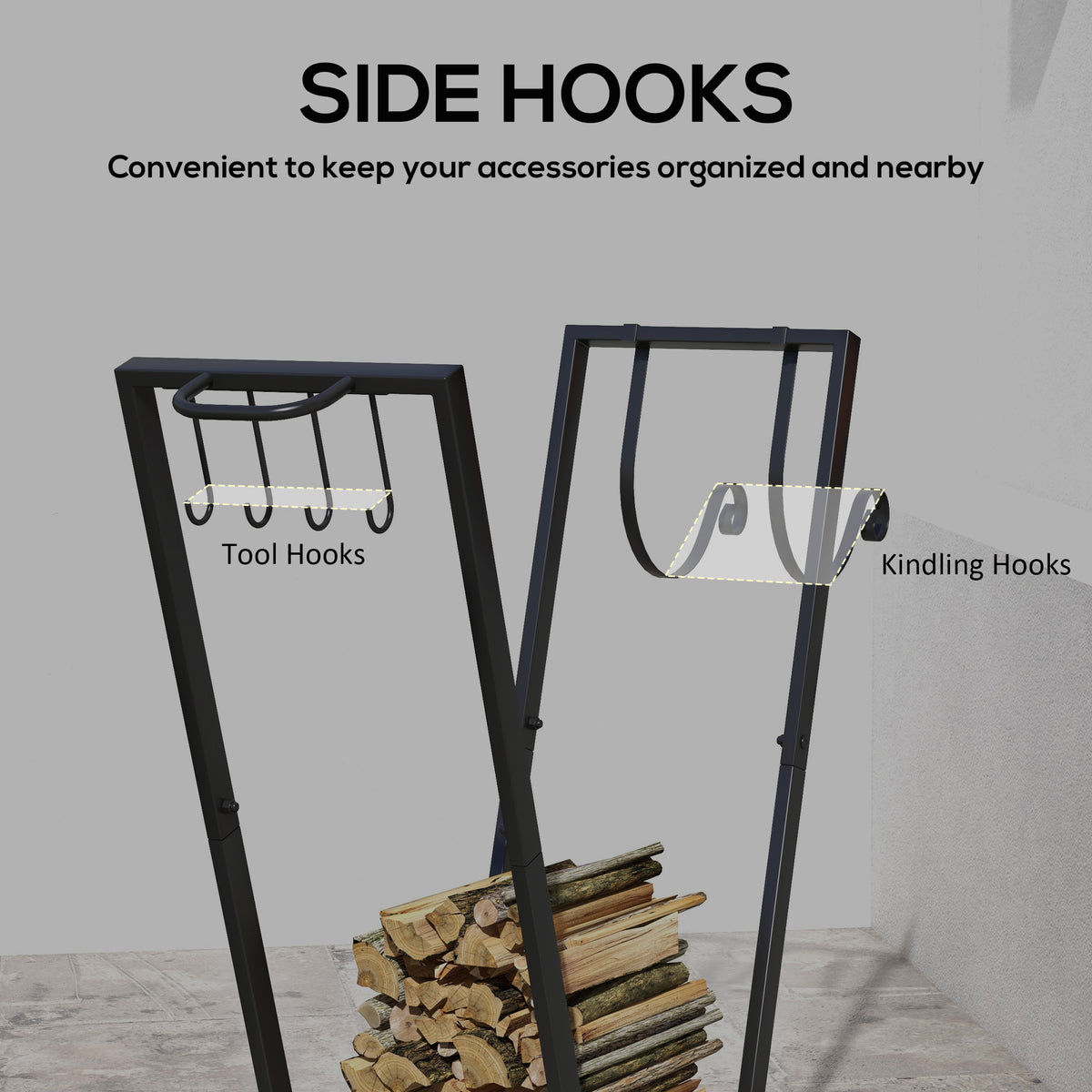Metal Firewood Rack with Wheels and Tool Hooks