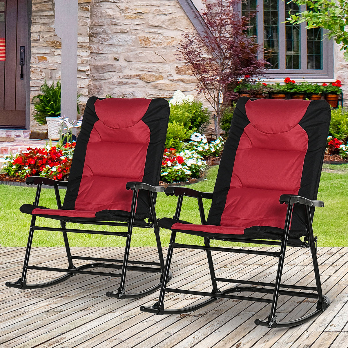 2-Piece Folding Padded Rocking Chair Patio Set, Red