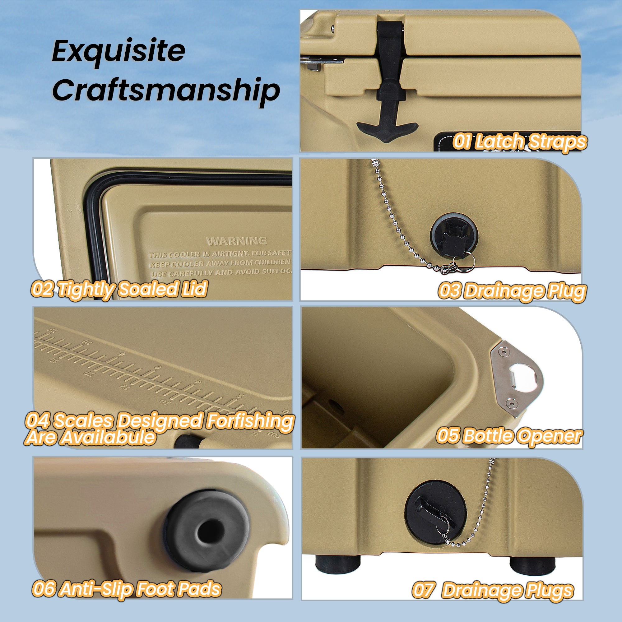 65 Quart Khaki Hard Shell Cooler with 6-Day Ice Retention