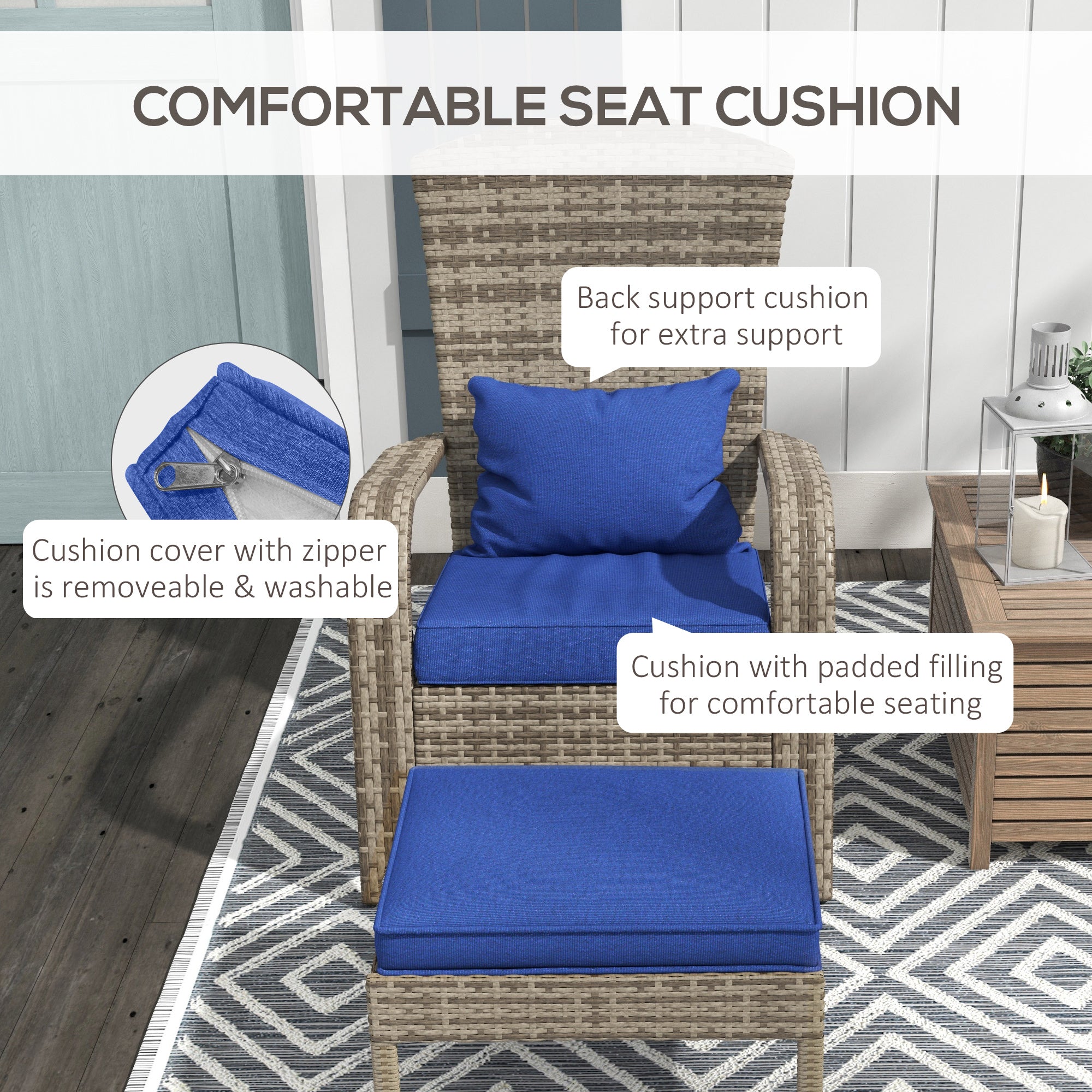 Wicker Adirondack Chair with Ottoman & Cushions, Blue