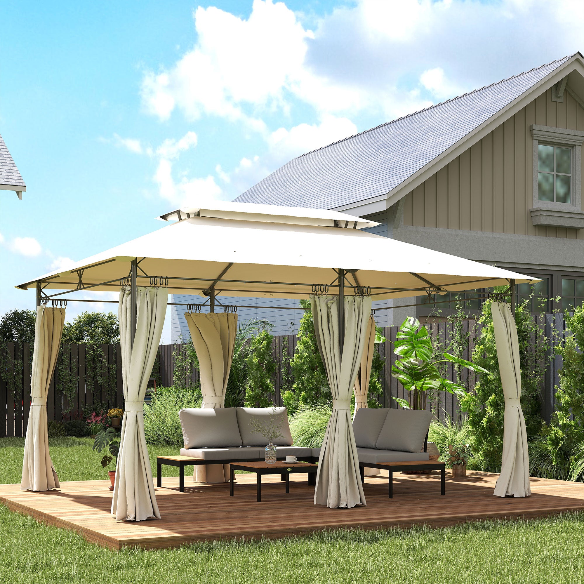 10x13 Double Roof Patio Gazebo with Curtains Cream