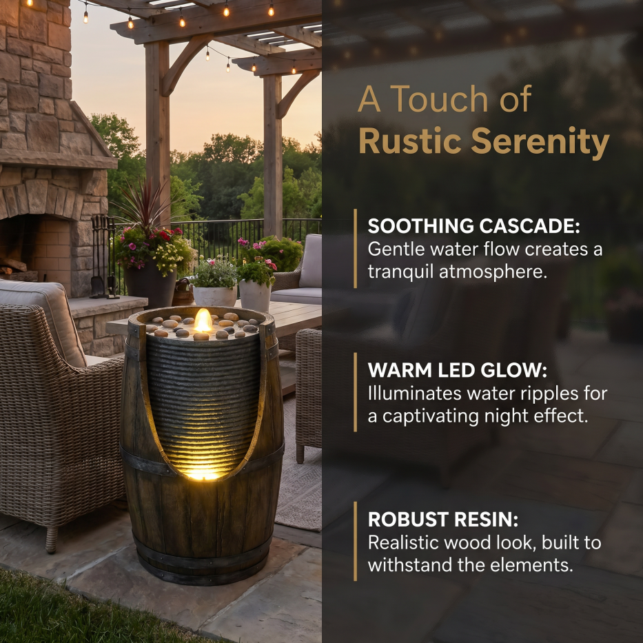 Rustic Barrel Garden Water Fountain with LED Lights and Pump