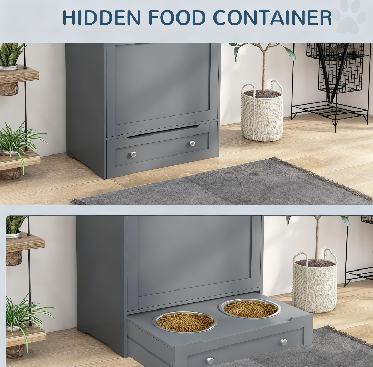 Dog Raised Bowl Feeder Station Storage Cabinet, Gray