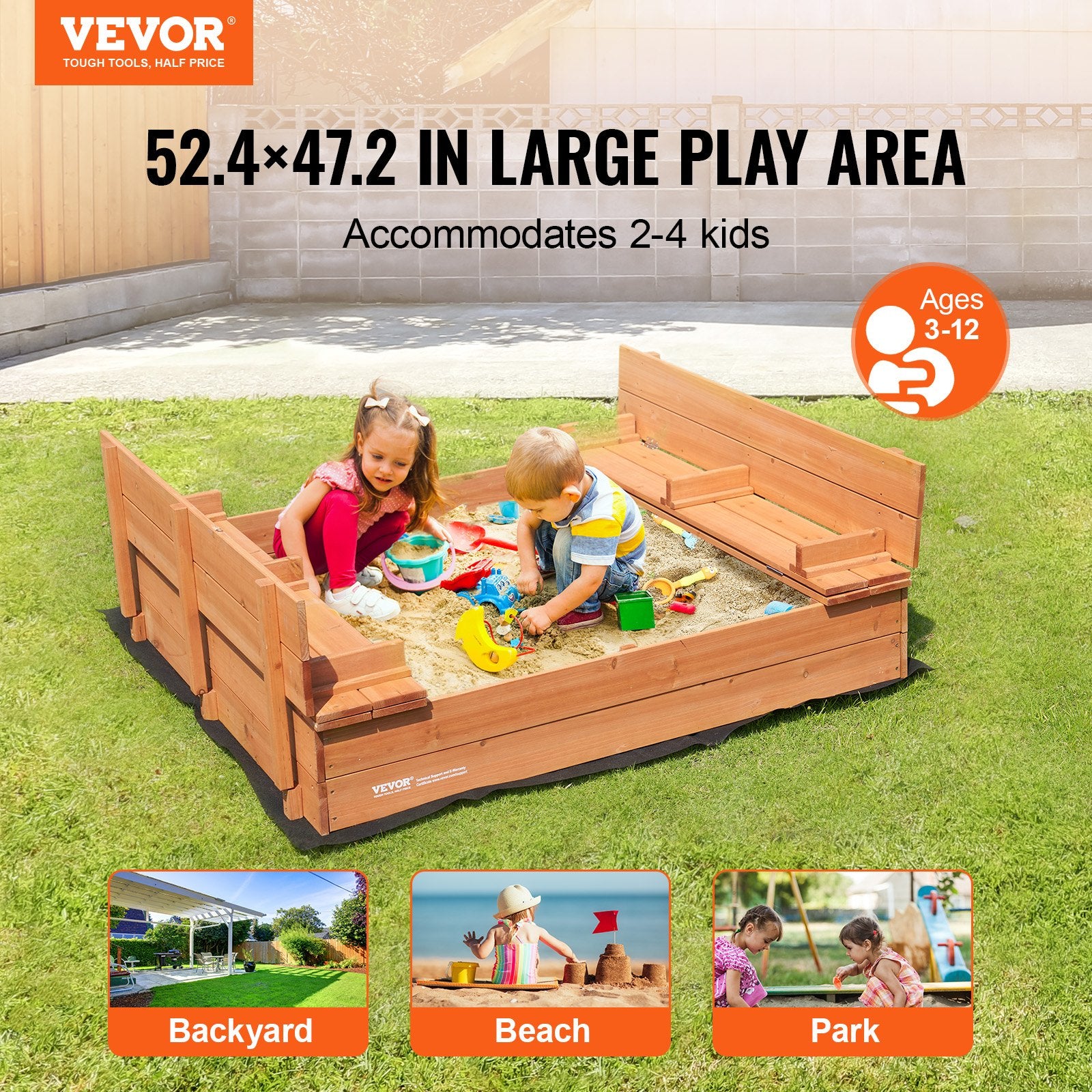 Wooden Sandbox with Foldable Bench Seats & Liner