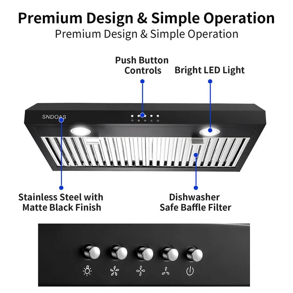 30 Inch Under Cabinet Range Hood 3-Speed 600CFM LED