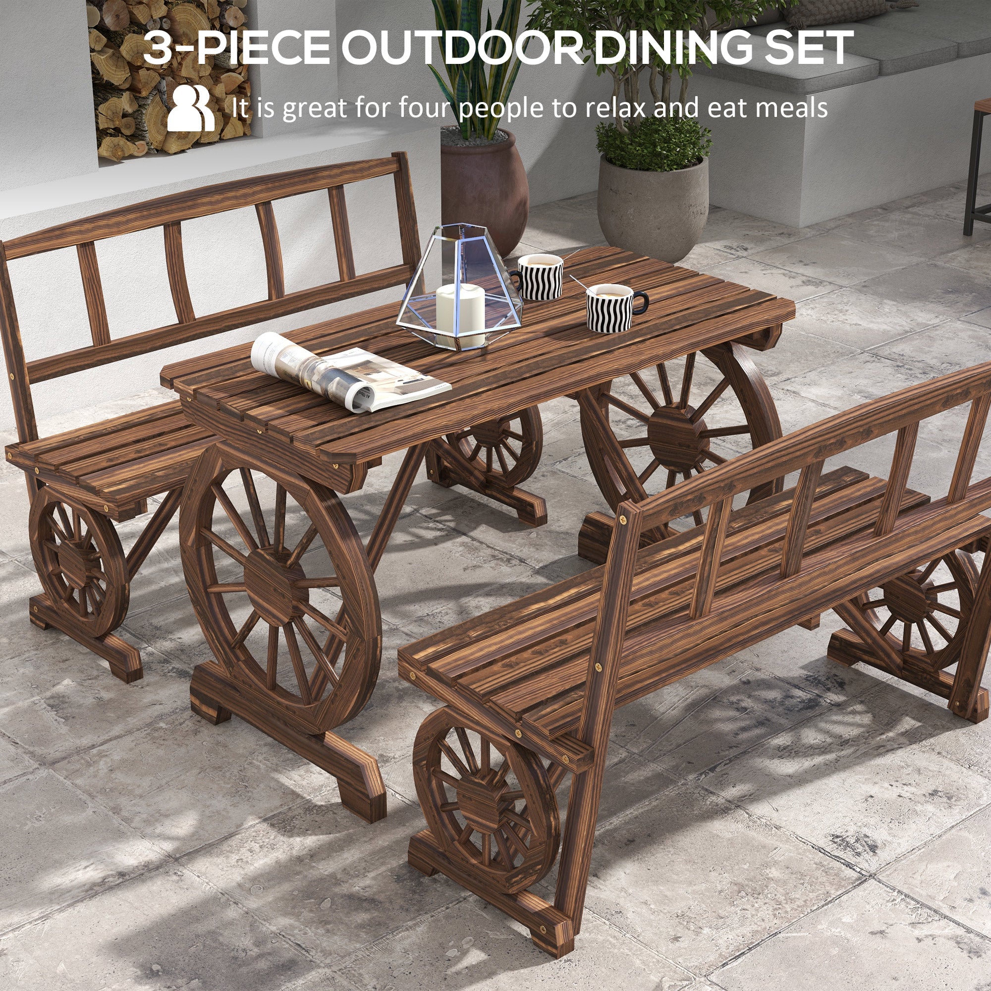 4-Person Patio Dining Set, Wagon Wheel Design, Carbonized