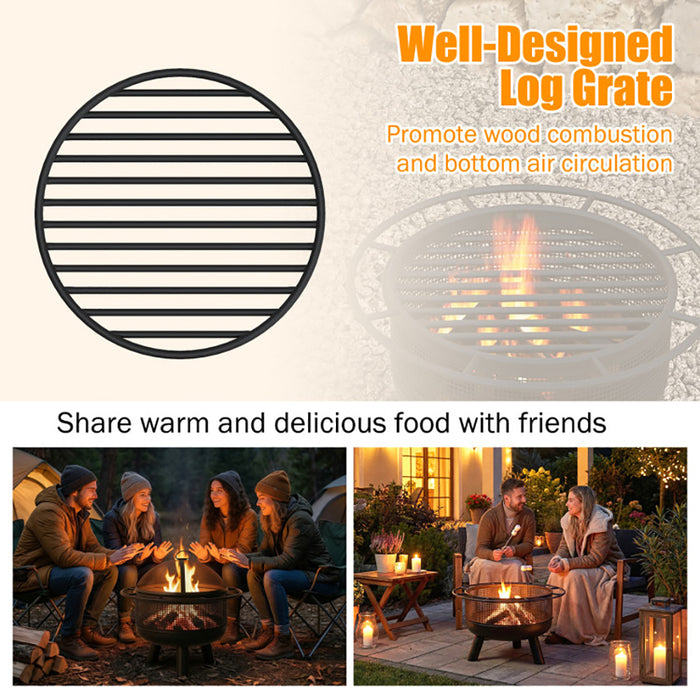 24 Inch Wood Burning Fire Pit with Log Grate and Mesh Screen