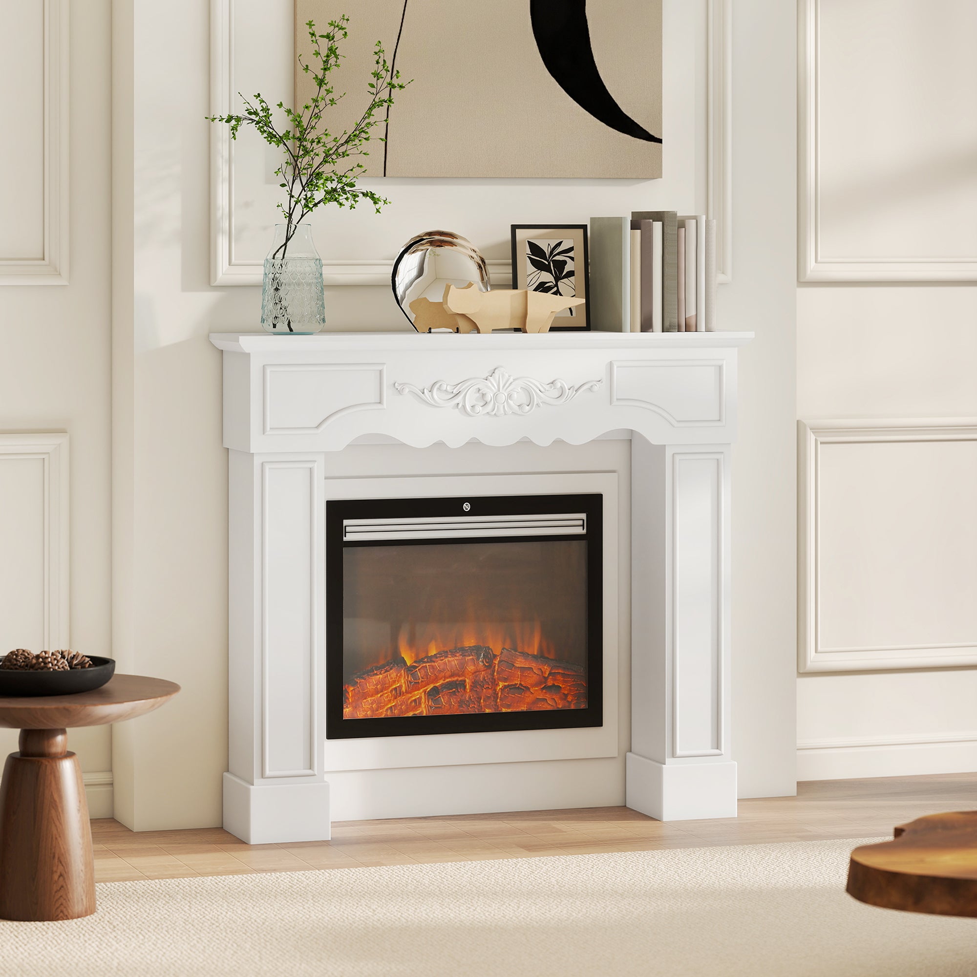Baroque Freestanding Fireplace Mantel Surround 43.3" White