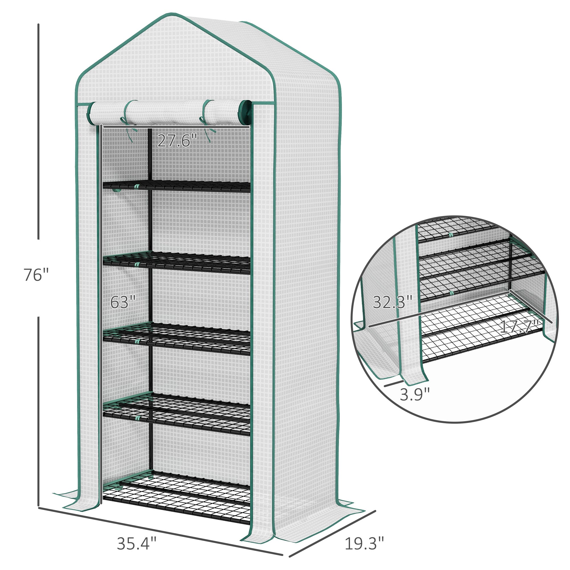 5 Tier Mini Greenhouse with PE Cover & Roll-Up Door, 76x35.4x19.3"