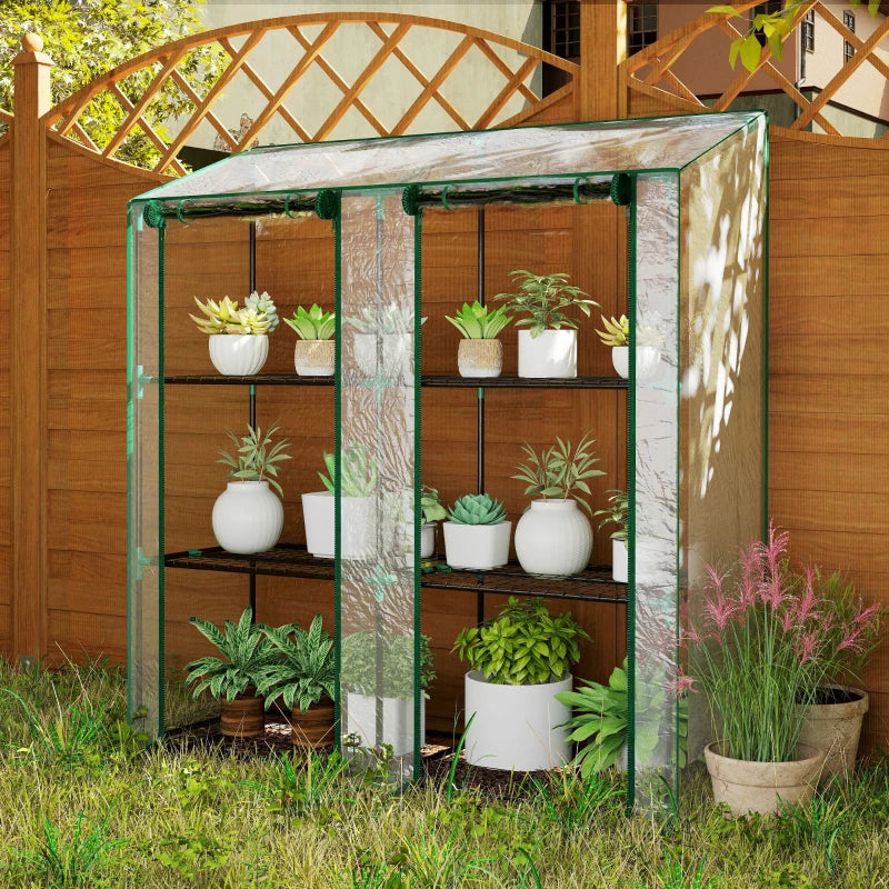 Lean-to Greenhouse with 3-Tier Shelves and Roll-Up Doors