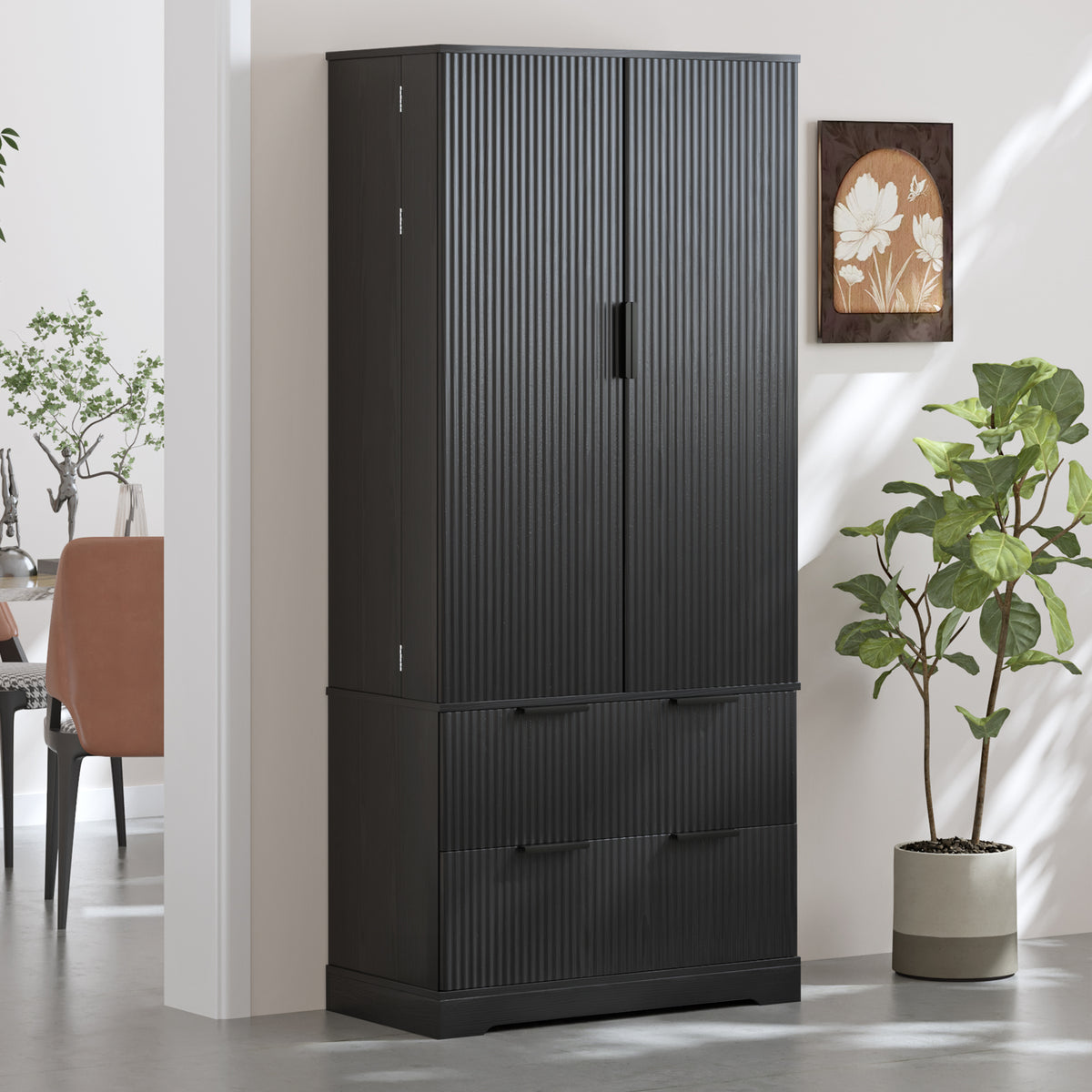 72" Modern Fluted Kitchen Pantry Cabinet With 2 Large Drawers &