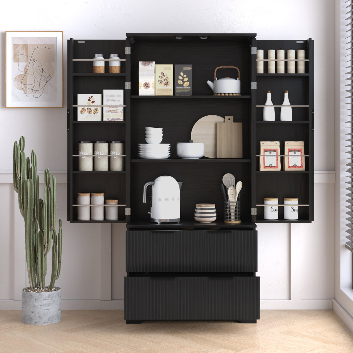 72" Modern Fluted Kitchen Pantry Cabinet With 2 Large Drawers &