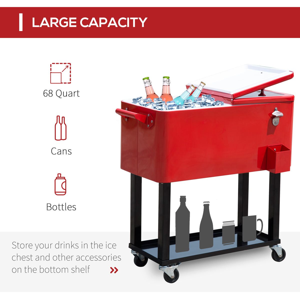 80 QT Rolling Cooler Cart with Wheels Ice Chest Red