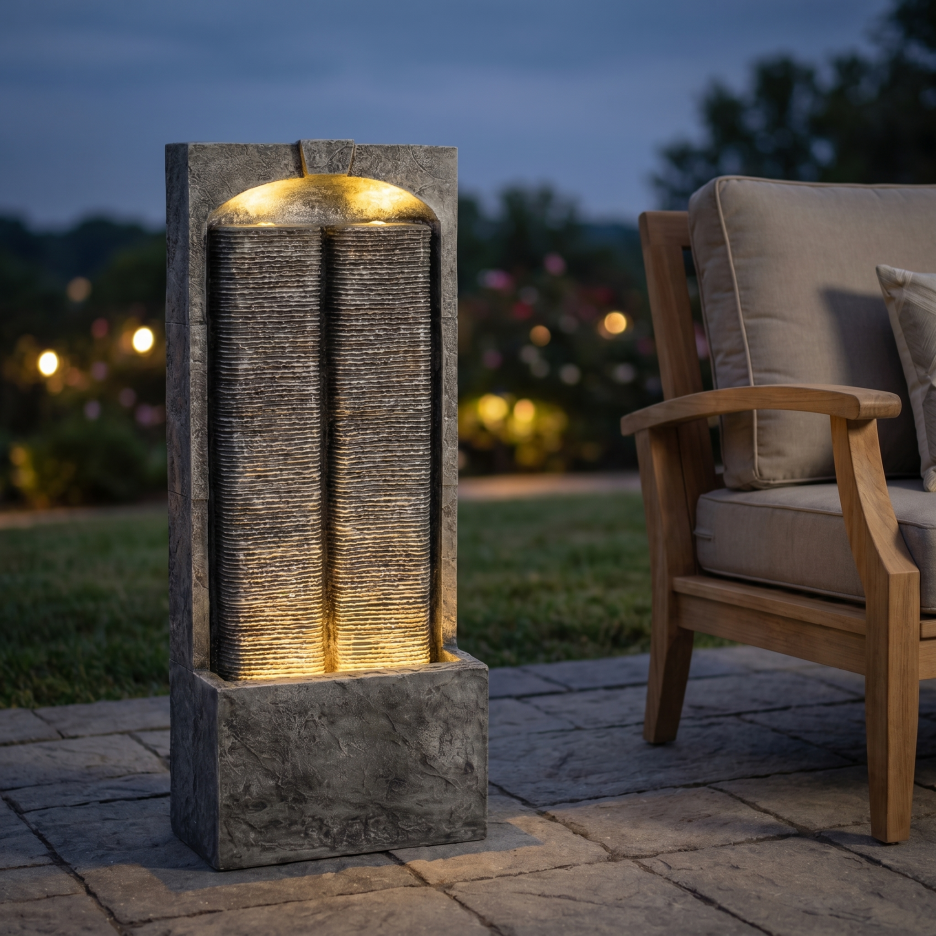 39in Cascading LED Water Fountain Resin Fiberglass Quiet Pump