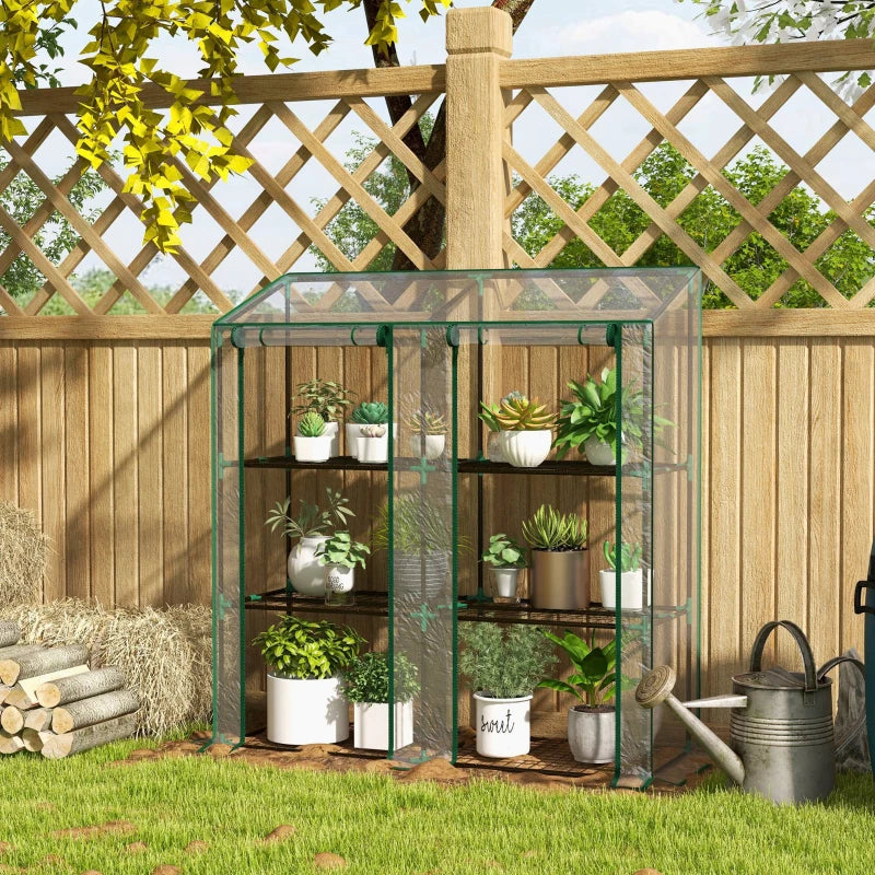 Lean-to Greenhouse with 3-Tier Shelves and Roll-Up Doors