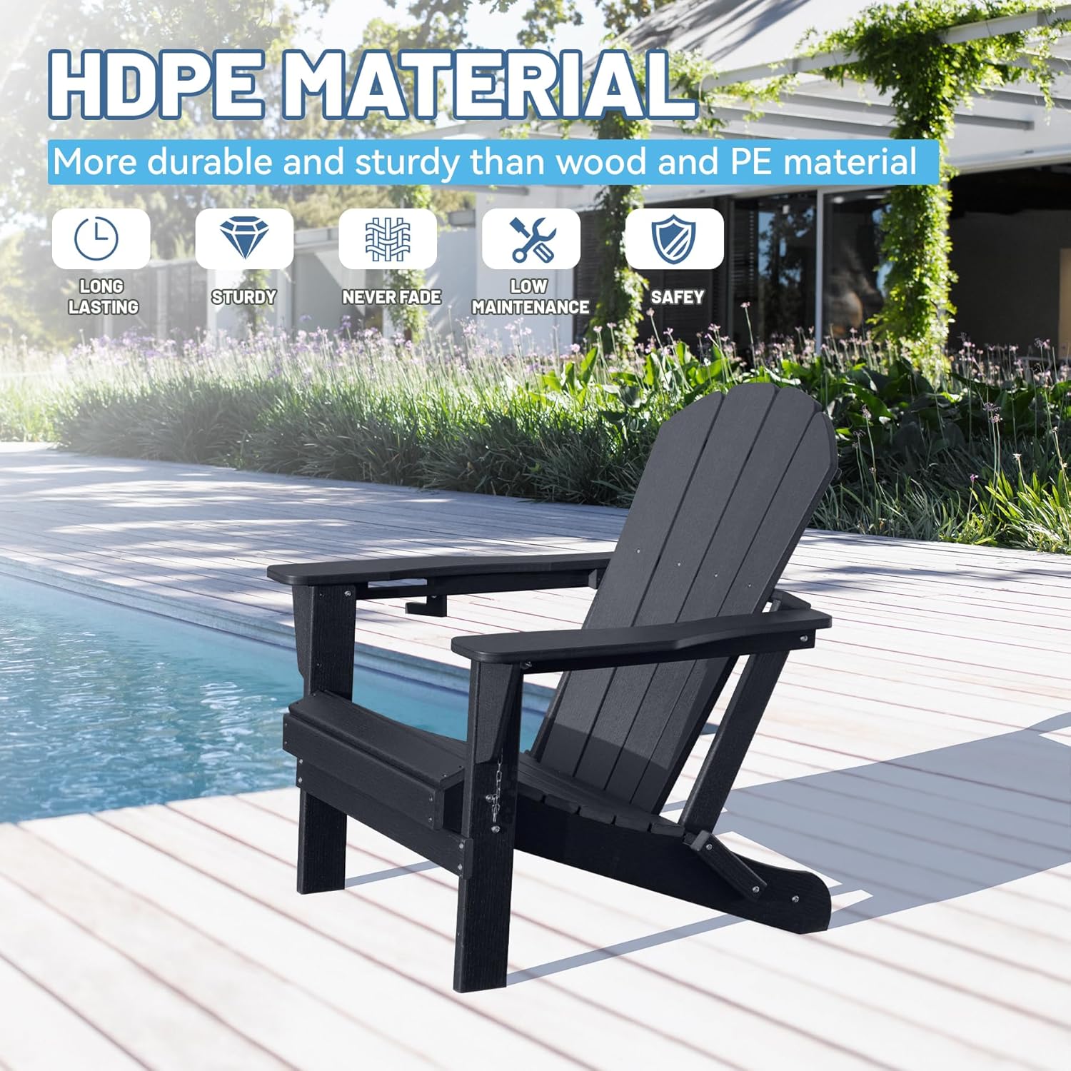HDPE Folding Adirondack Chair with Cup Holder - Black