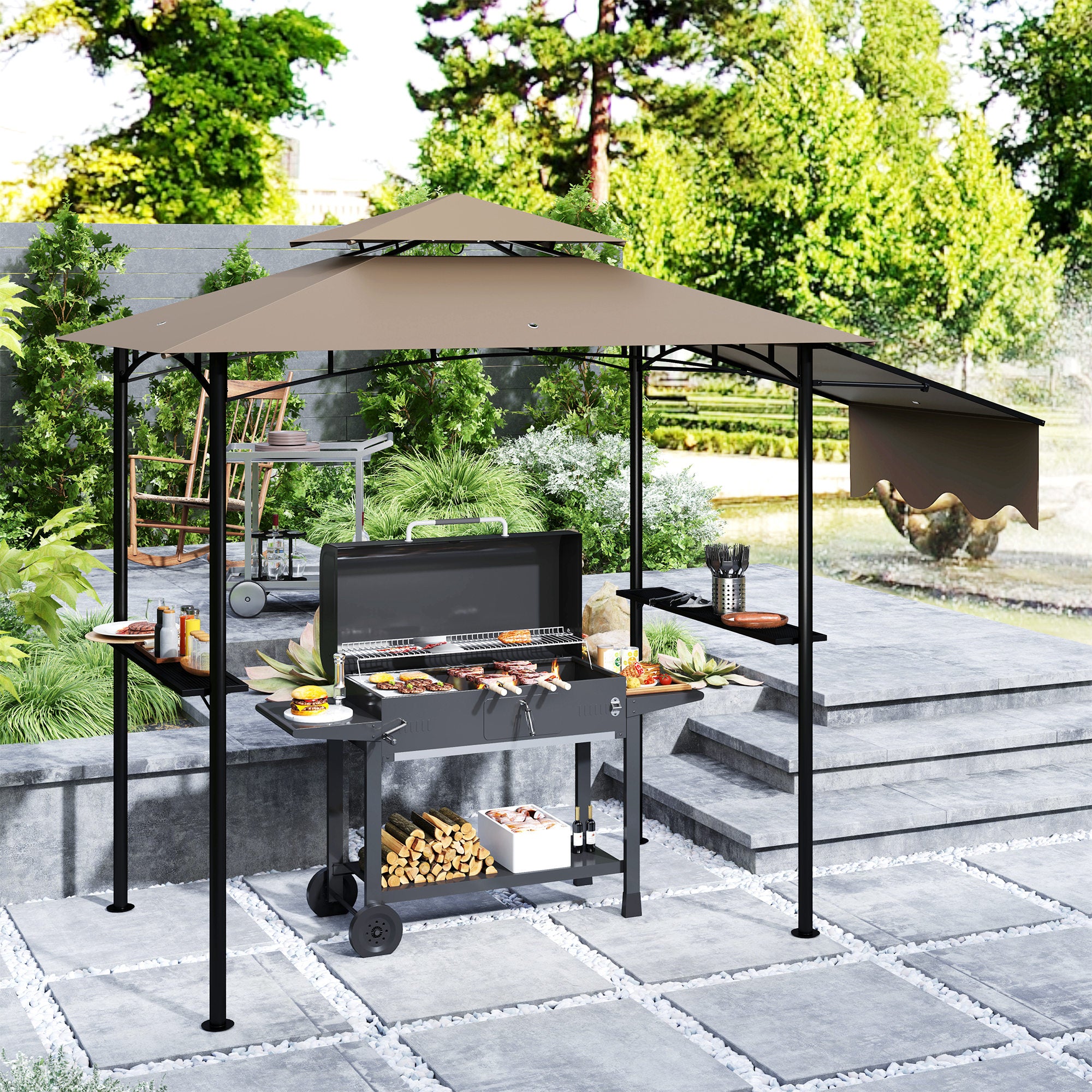 8x5 Outdoor Grill Gazebo with Side Awning & Shelves
