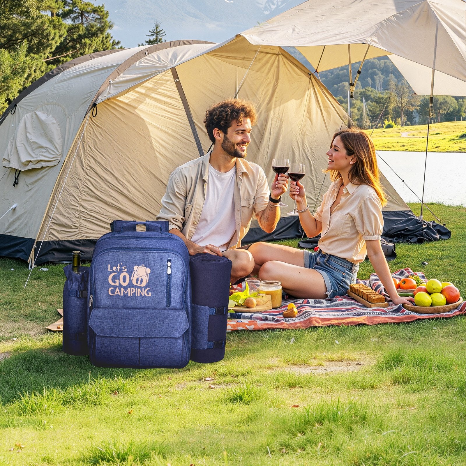 4-Person Beach Picnic Backpack with Cooler Compartment Navy