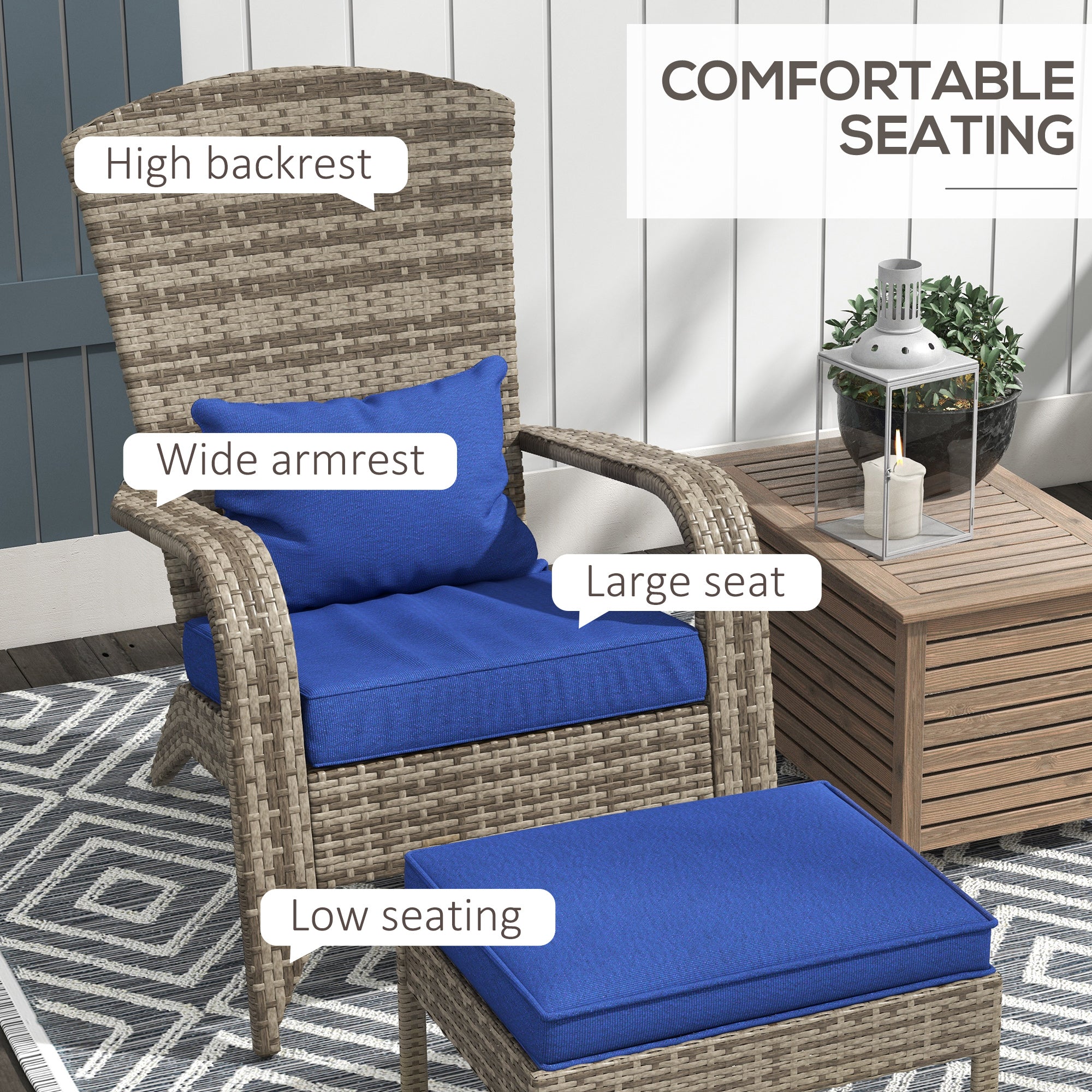 Wicker Adirondack Chair with Ottoman & Cushions, Blue