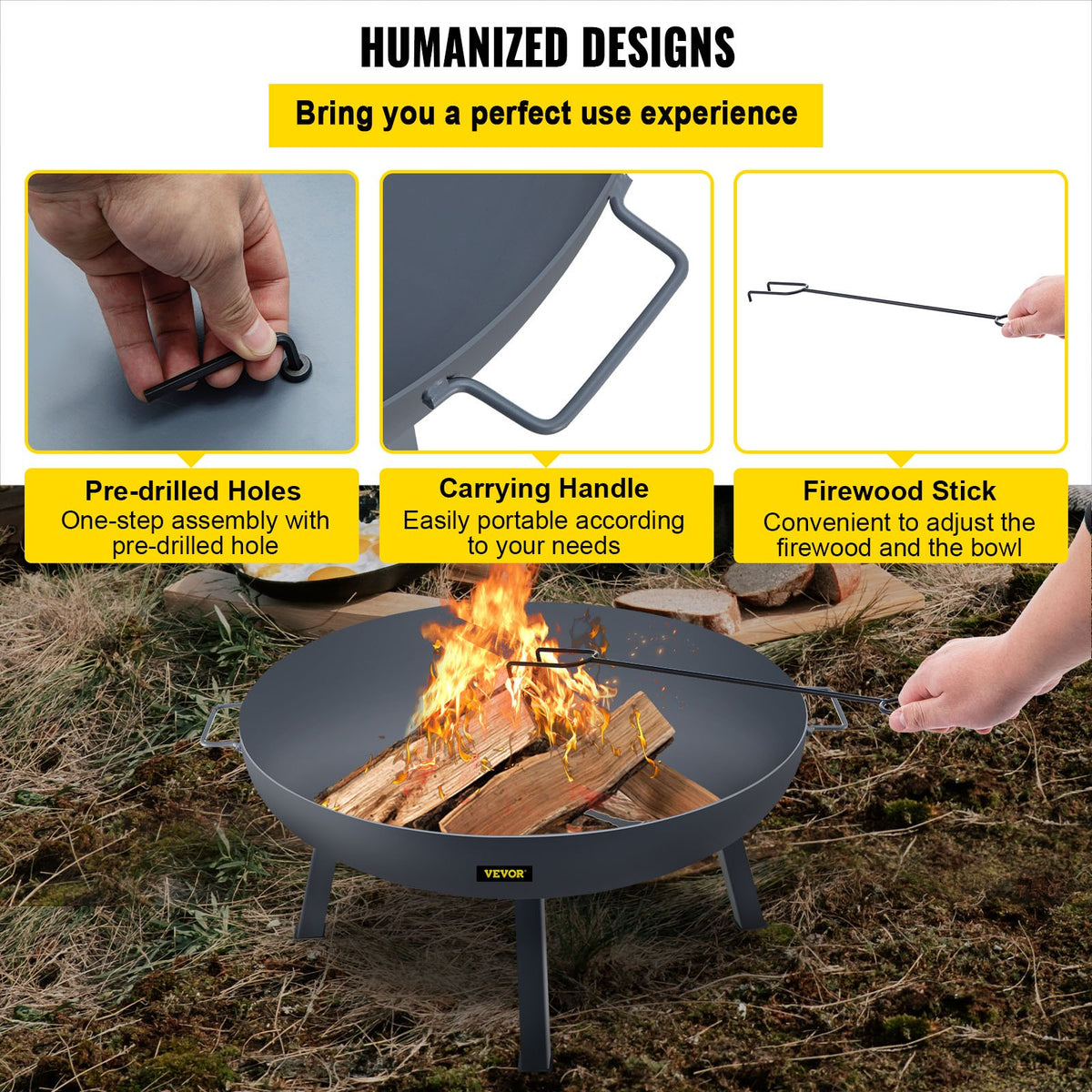 34-Inch Carbon Steel Round Fire Pit Bowl with Drain