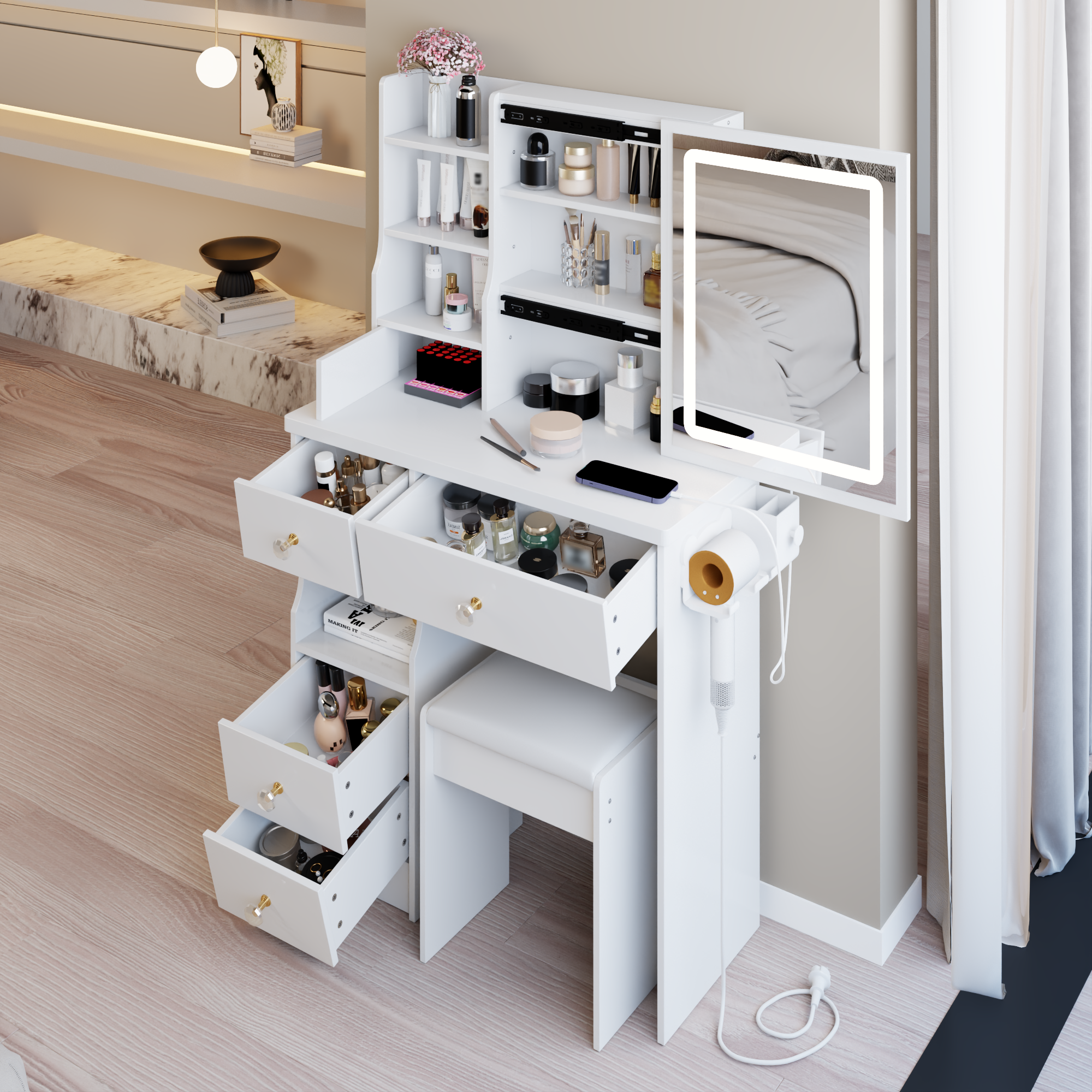 Small Left Drawer Desktop Vanity Table with LED Mirror & Stool