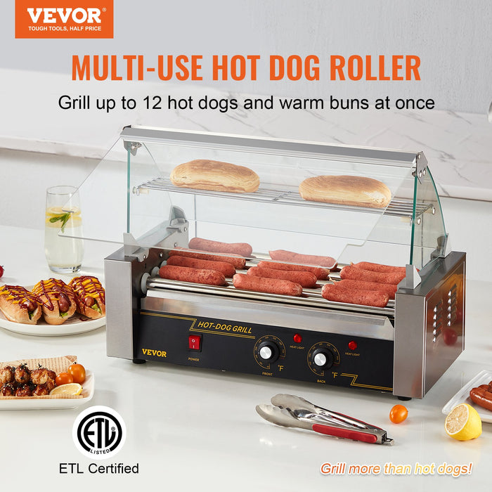 5-Roller Hot Dog Grill with Glass Hood and Bun Warmer