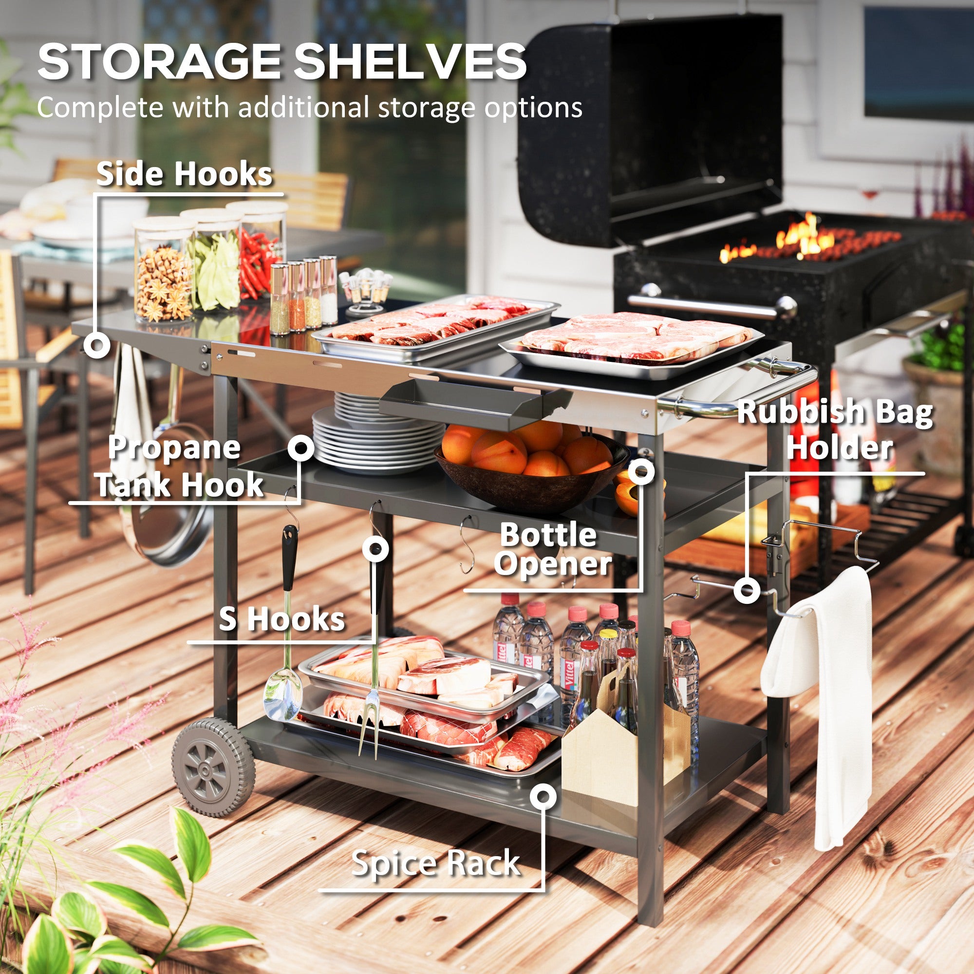 Outdoor Bar Cart Grill Table Stainless Steel Wheeled