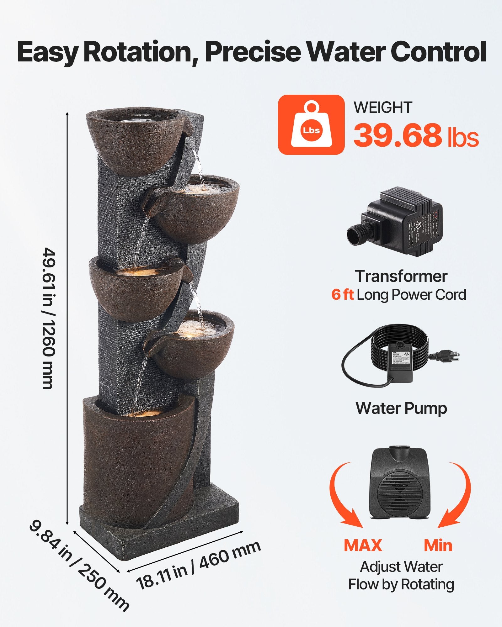 5-Tier Jar-Shaped Cascading Outdoor Water Fountain 49.61in