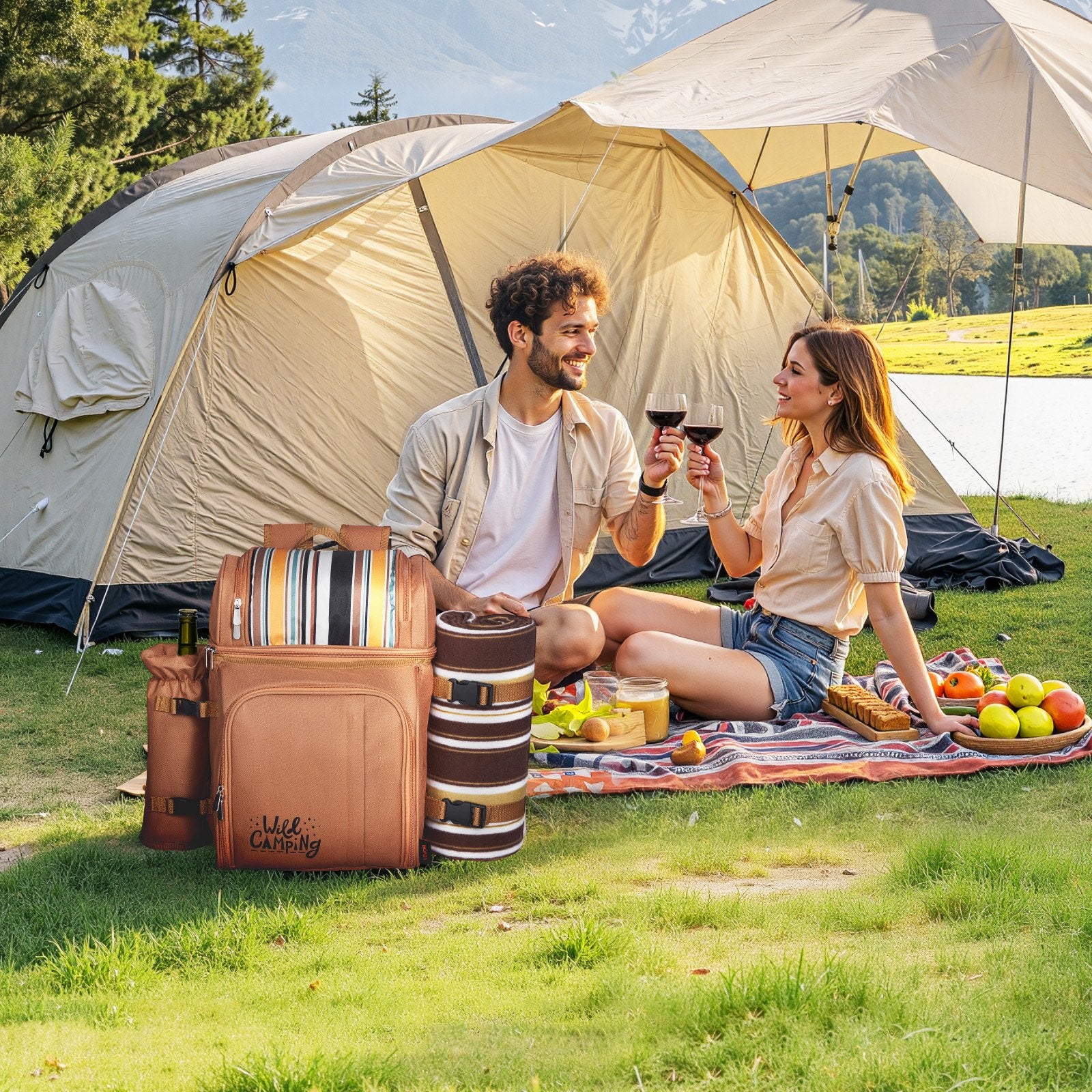 4-Person Picnic Backpack with Cooler Compartment Brown