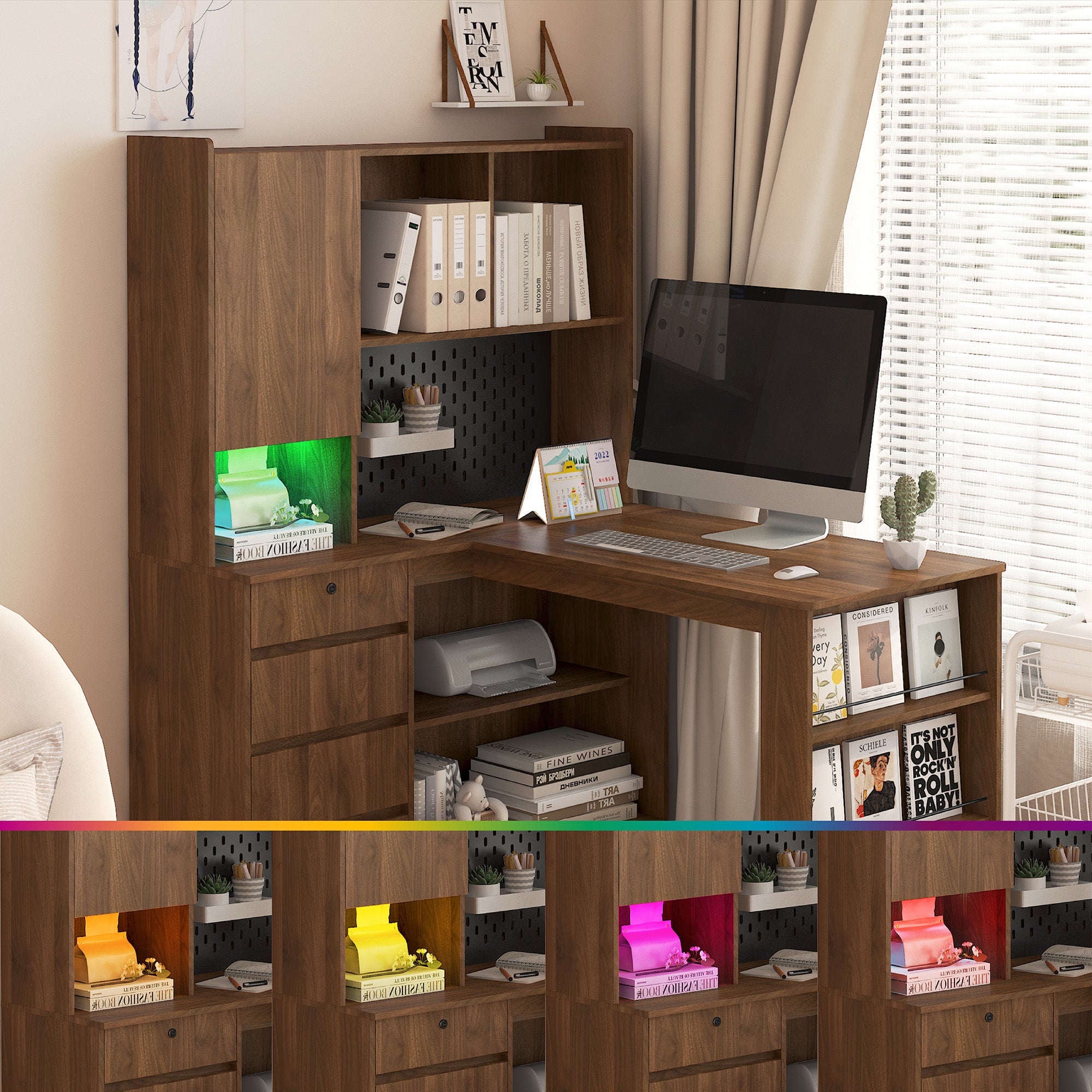 L-Shaped Corner Desk with Drawers, Shelves & LED Light