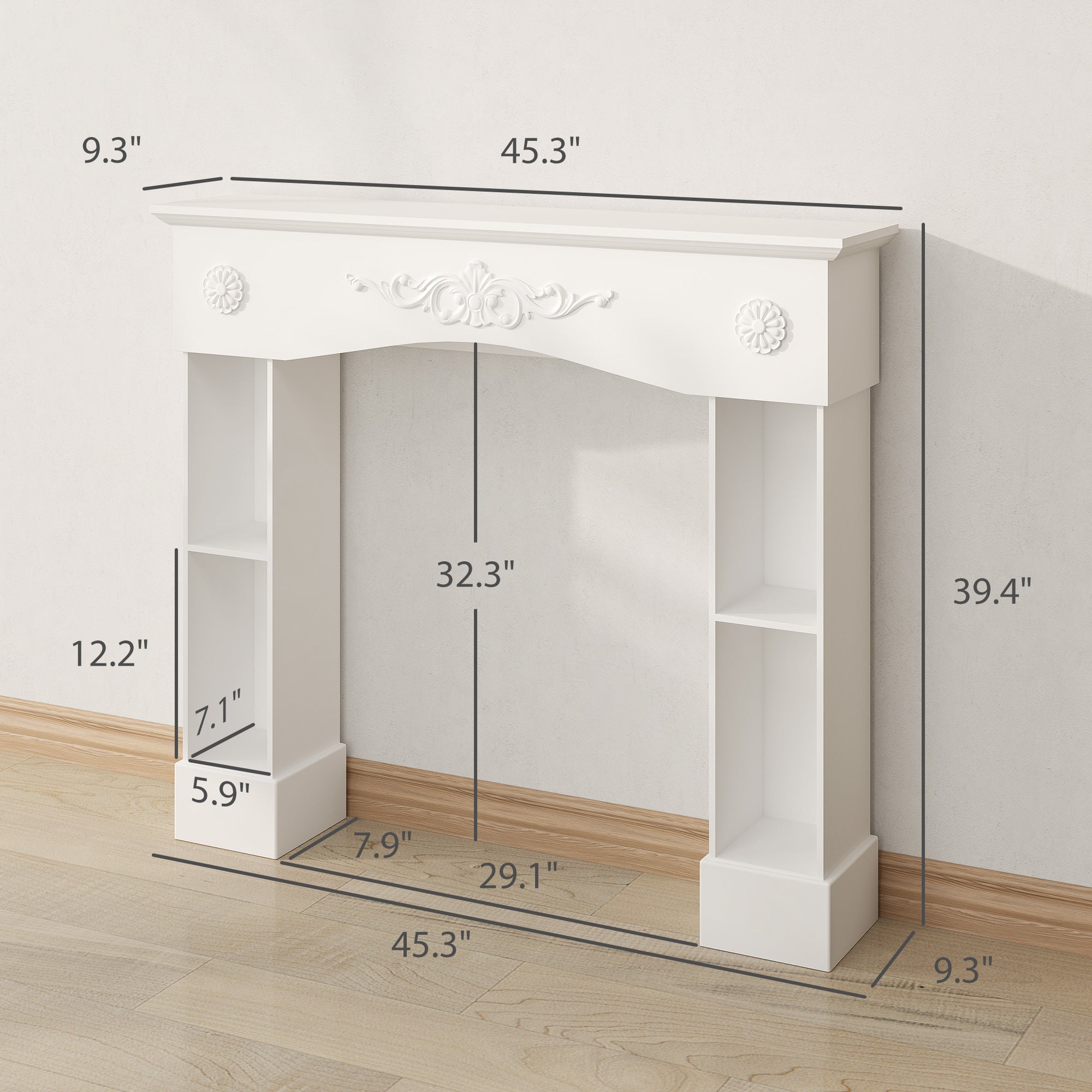Baroque Freestanding Fireplace Mantel Surround, 45.3" W x 39.4" H, White
