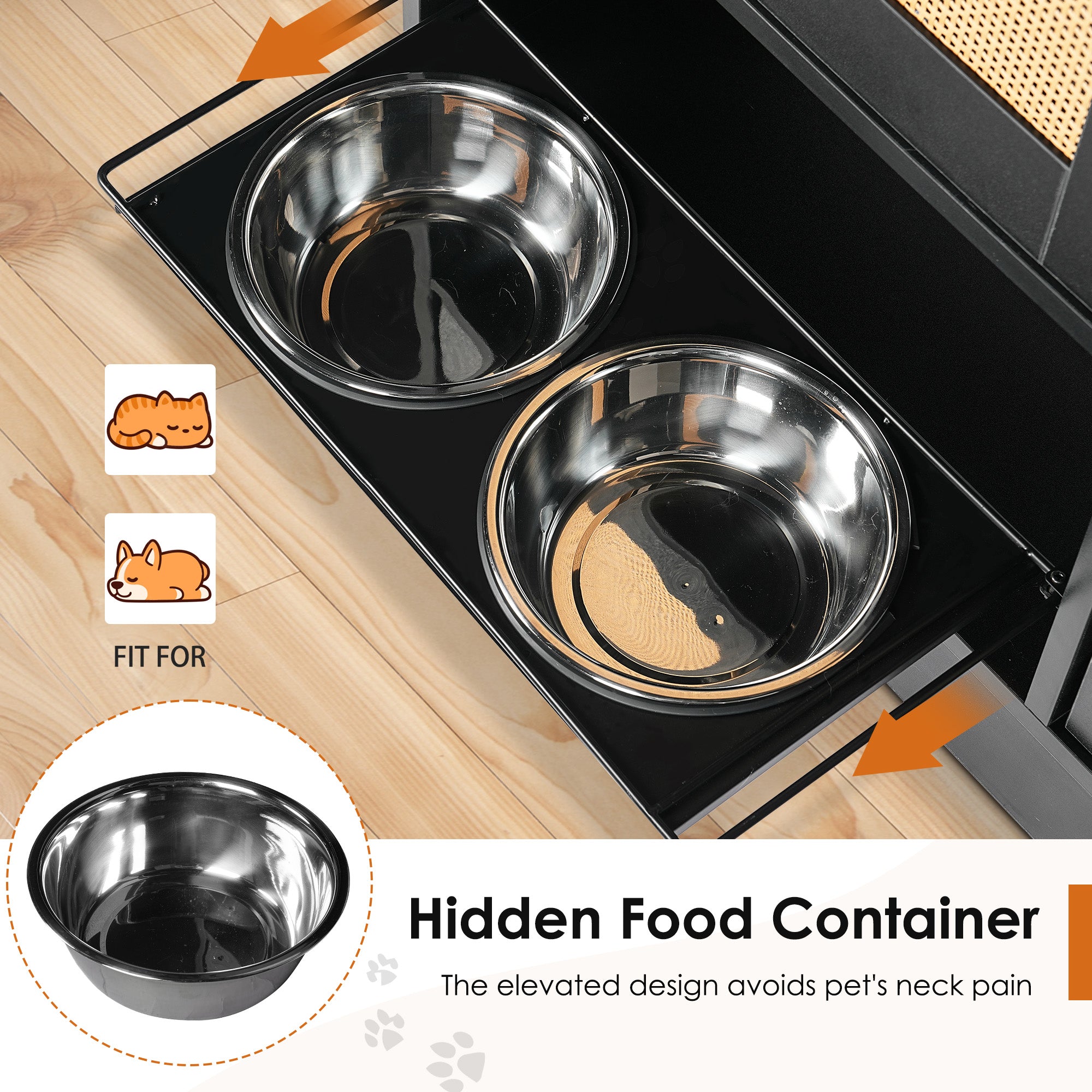 Elevated Dual Pet Feeding Station with Rattan Door & Hooks