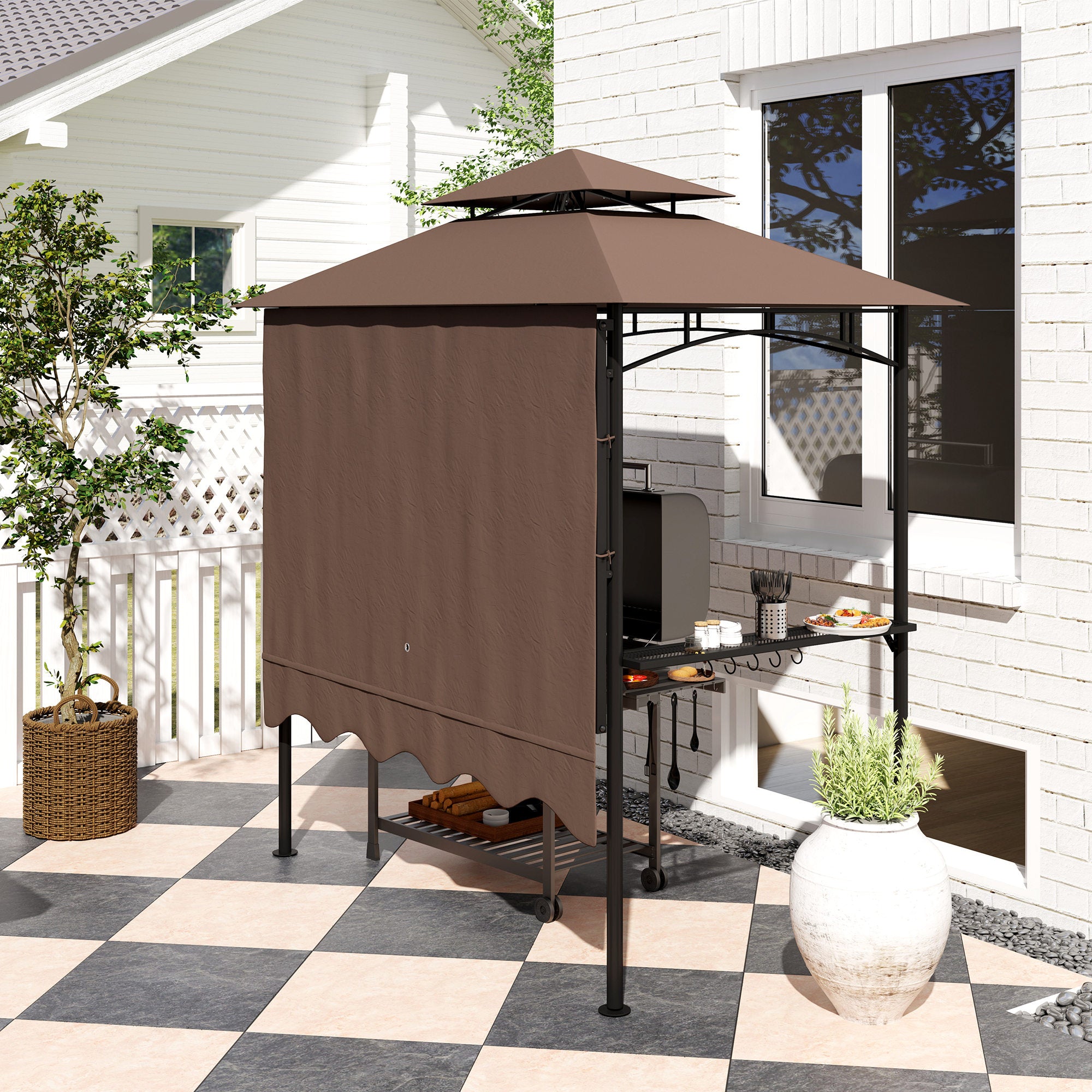8 x 7.6 Outdoor Grill Gazebo with Side Awning and Shelves