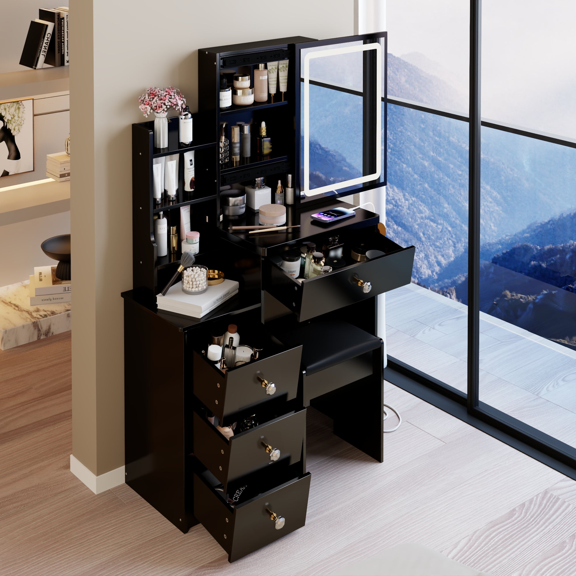 29.2" Bedside Cabinet Vanity with LED Mirror & Stool