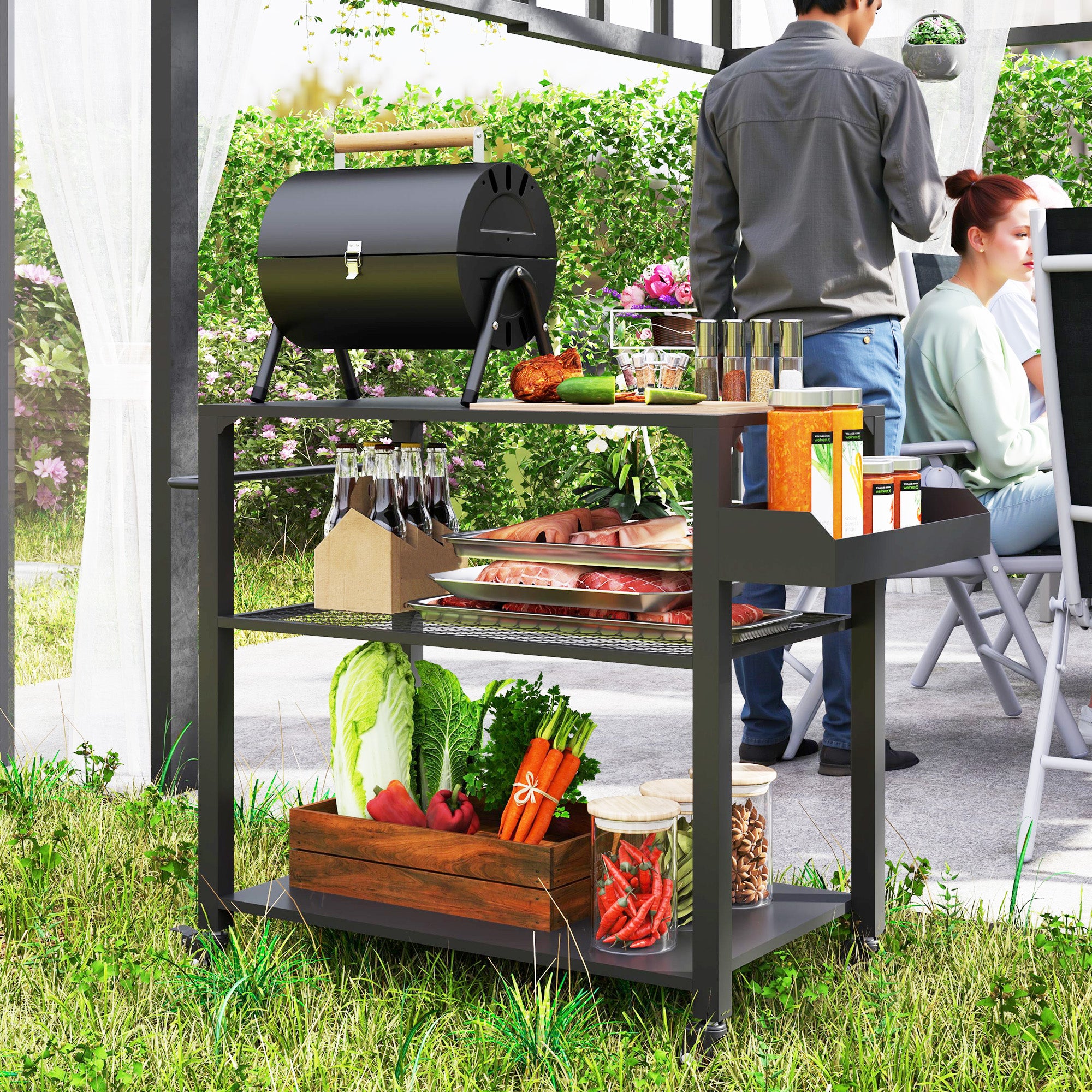 3-Tier Outdoor Grill Cart with Wheels and Storage