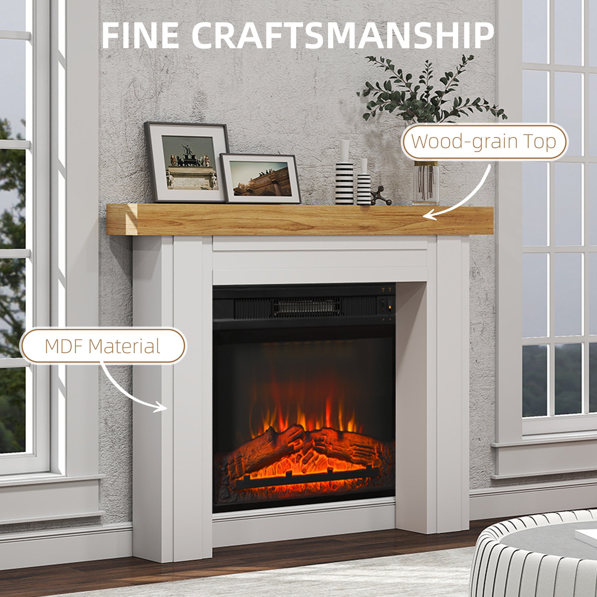 Natural Wood Freestanding Fireplace Mantel Surround 51.2"W x 40.6"H