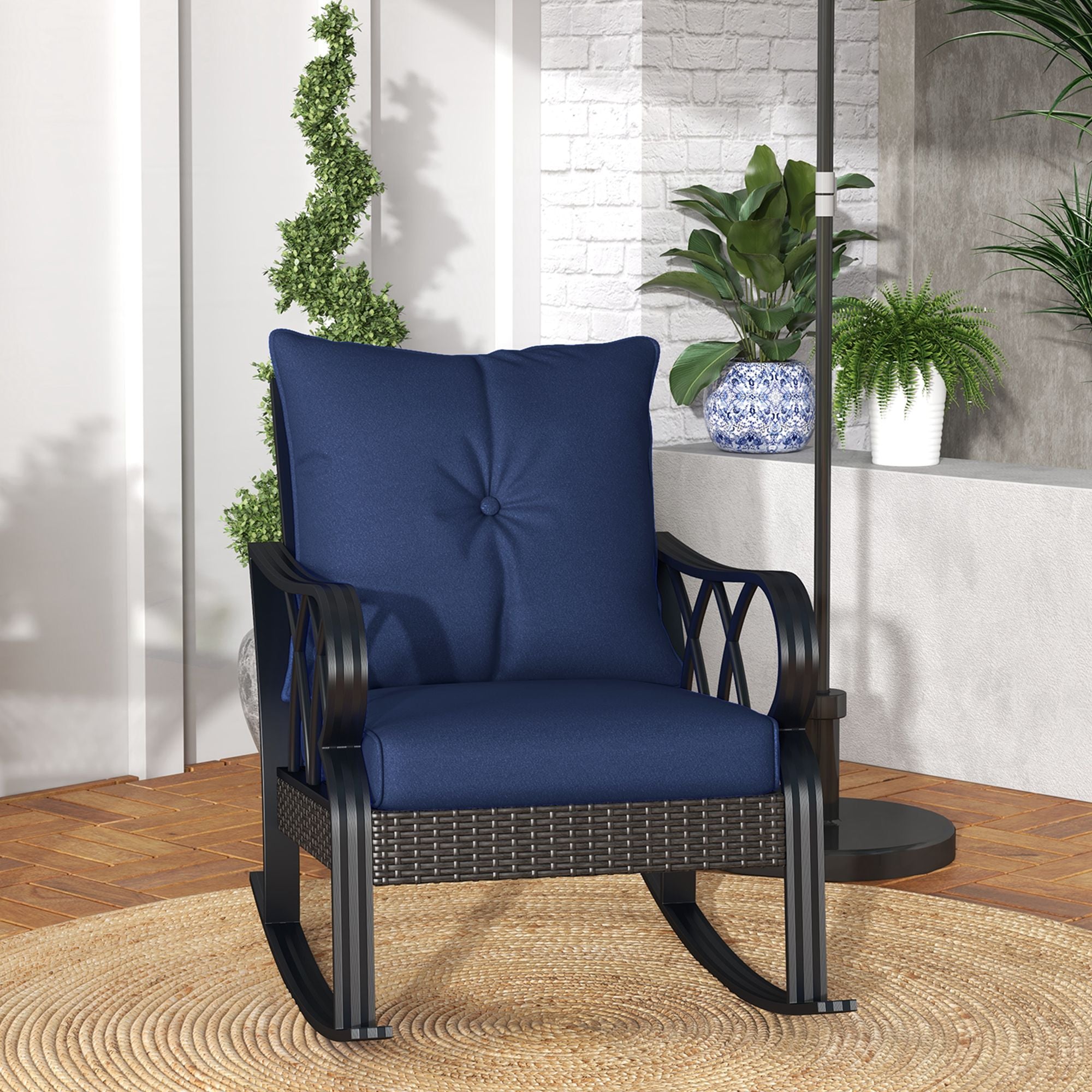 Outdoor Wicker Rocking Chair with Padded Cushions Navy