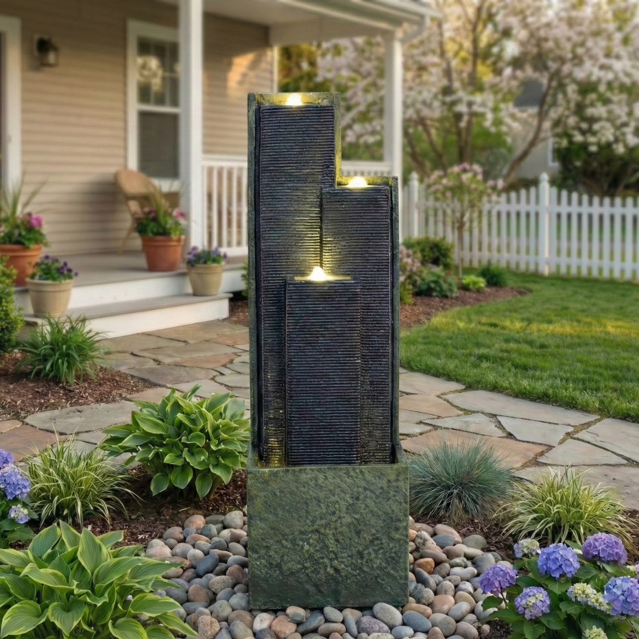 39 Inch Outdoor Cascading Water Fountain With LED Lights
