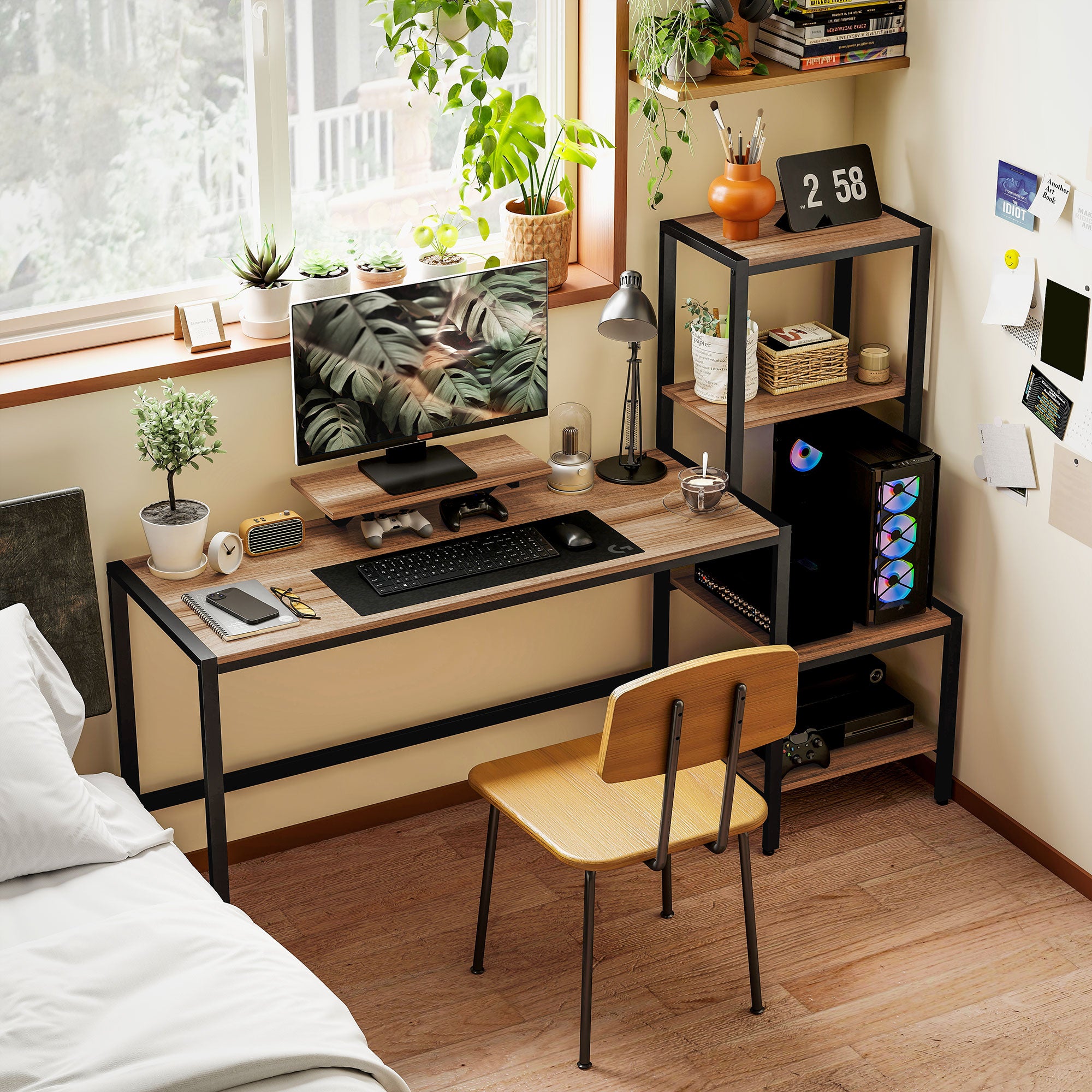 67" Computer Desk with Monitor Stand and 4-Tier Shelf
