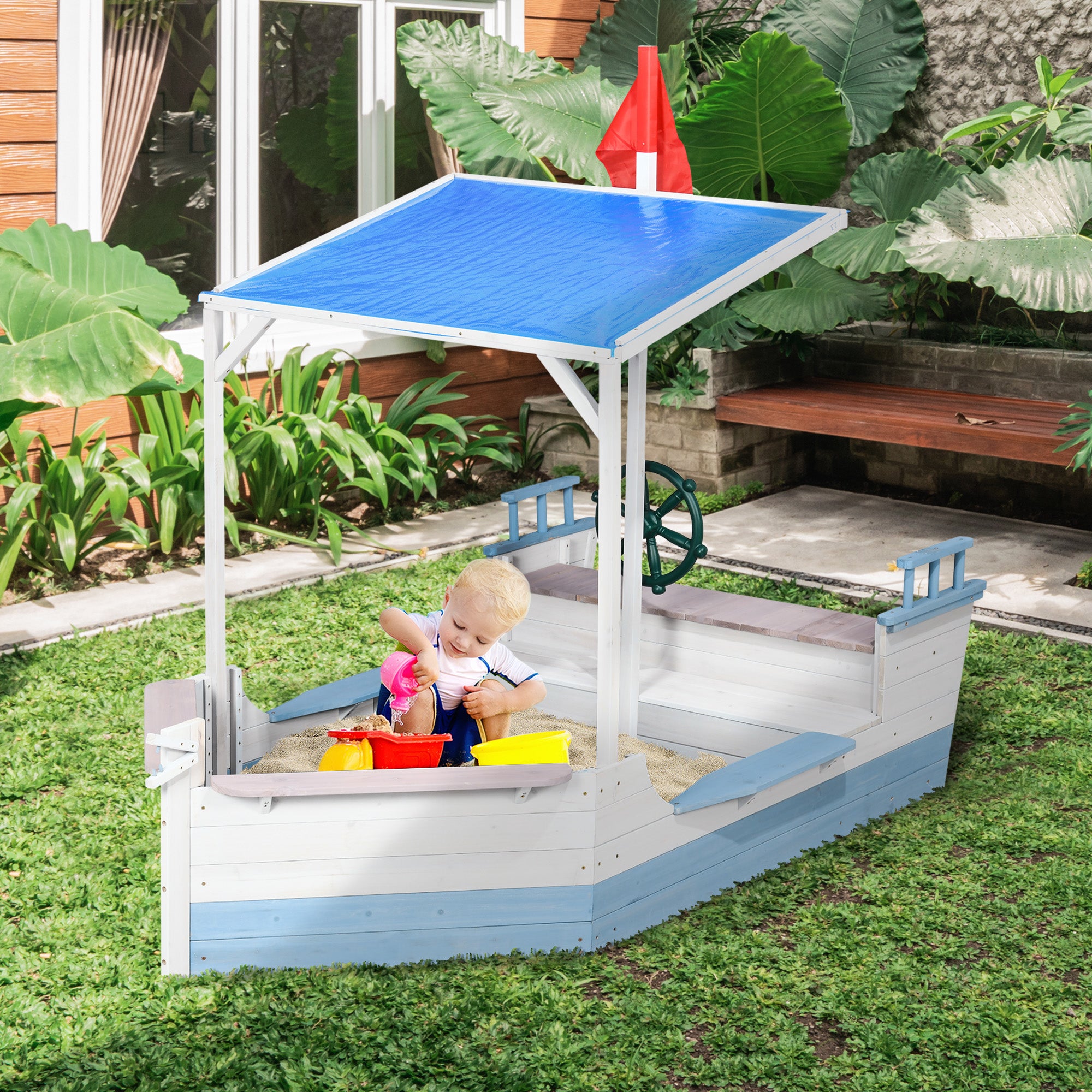 Pirate Ship Wooden Sandbox with Canopy & Bench