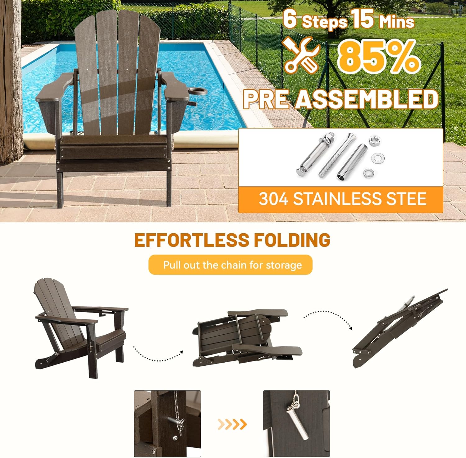 HDPE Folding Adirondack Chair with Cup Holder - Brown