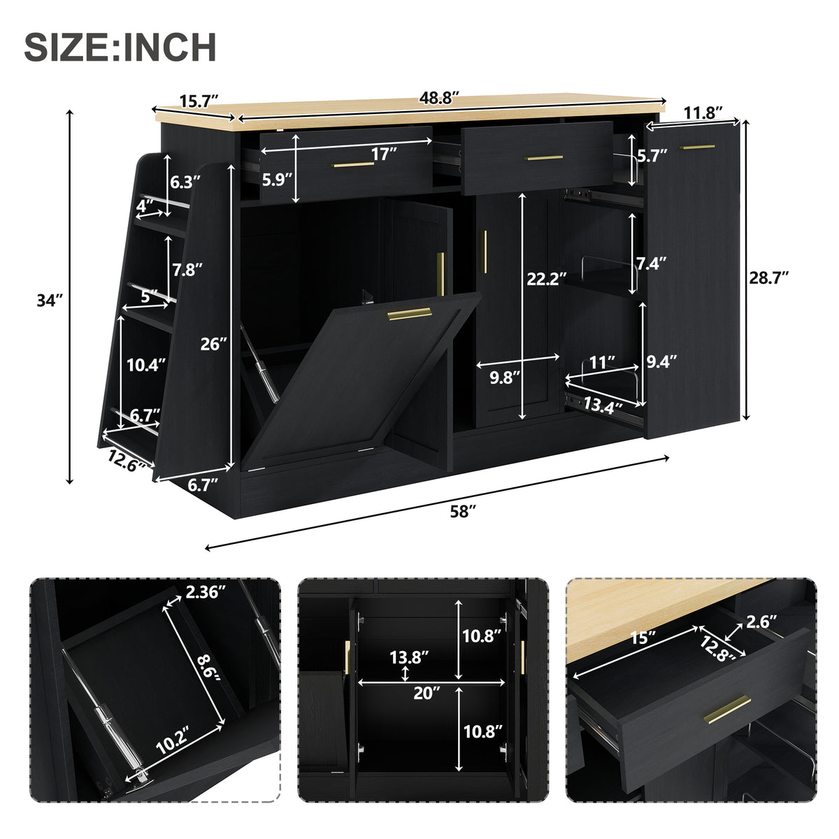 TREXM Multi-Functional Storage Sideboard Trash Can Storage Sliding