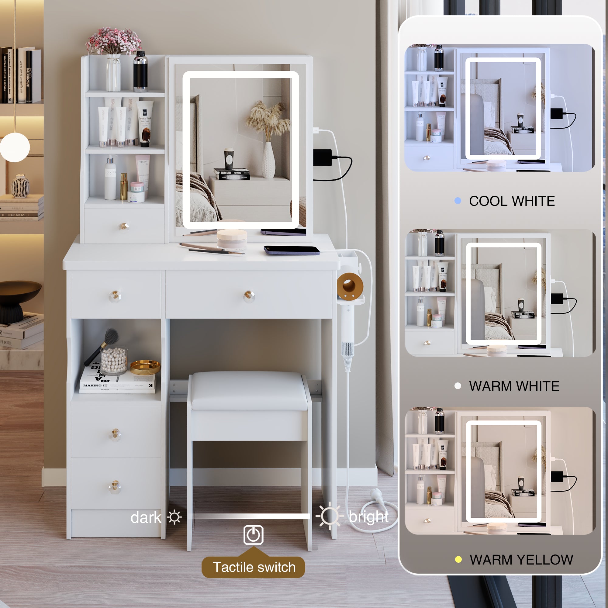 Small Drawer Desktop Vanity Table with LED Mirror and Stool