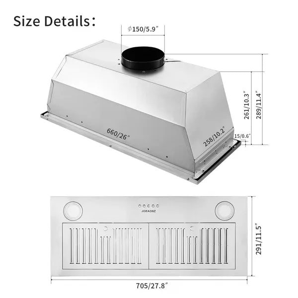 30 Inch Stainless Steel Insert Range Hood 600 CFM
