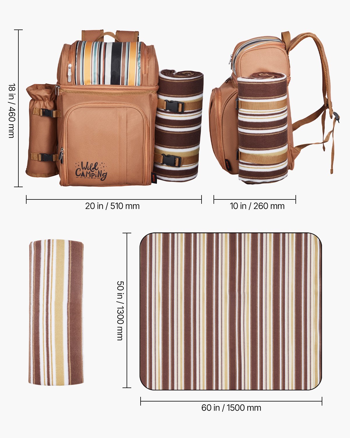 4-Person Picnic Backpack with Cooler Compartment Brown