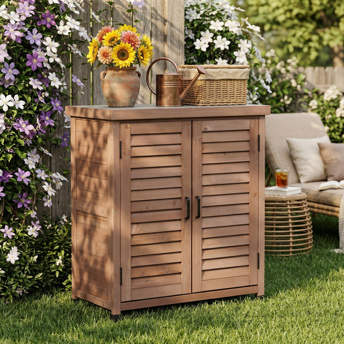 Potting Bench with Storage Cabinet and Metal Top 31.5x17x36