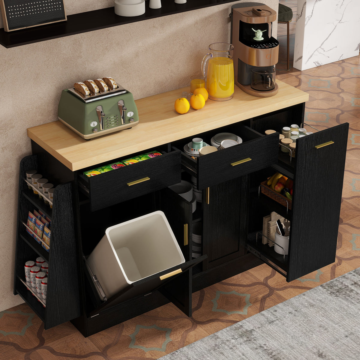 TREXM Multi-Functional Storage Sideboard Trash Can Storage Sliding