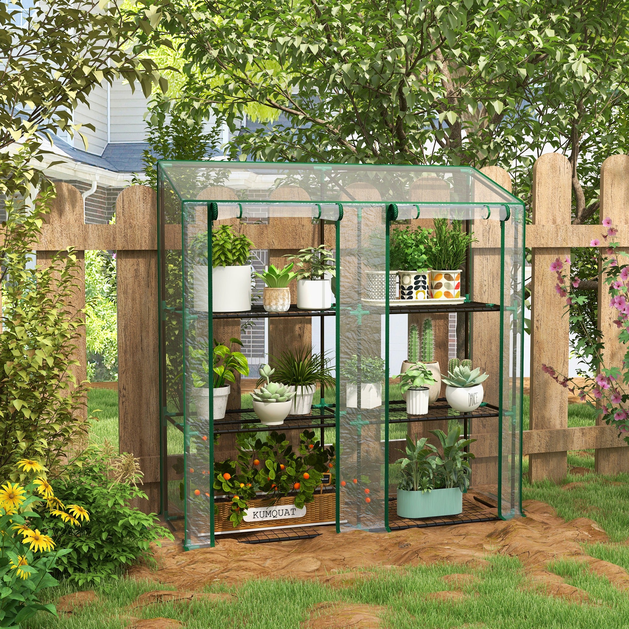 Lean-to Greenhouse with 3-Tier Shelves and Roll-Up Doors