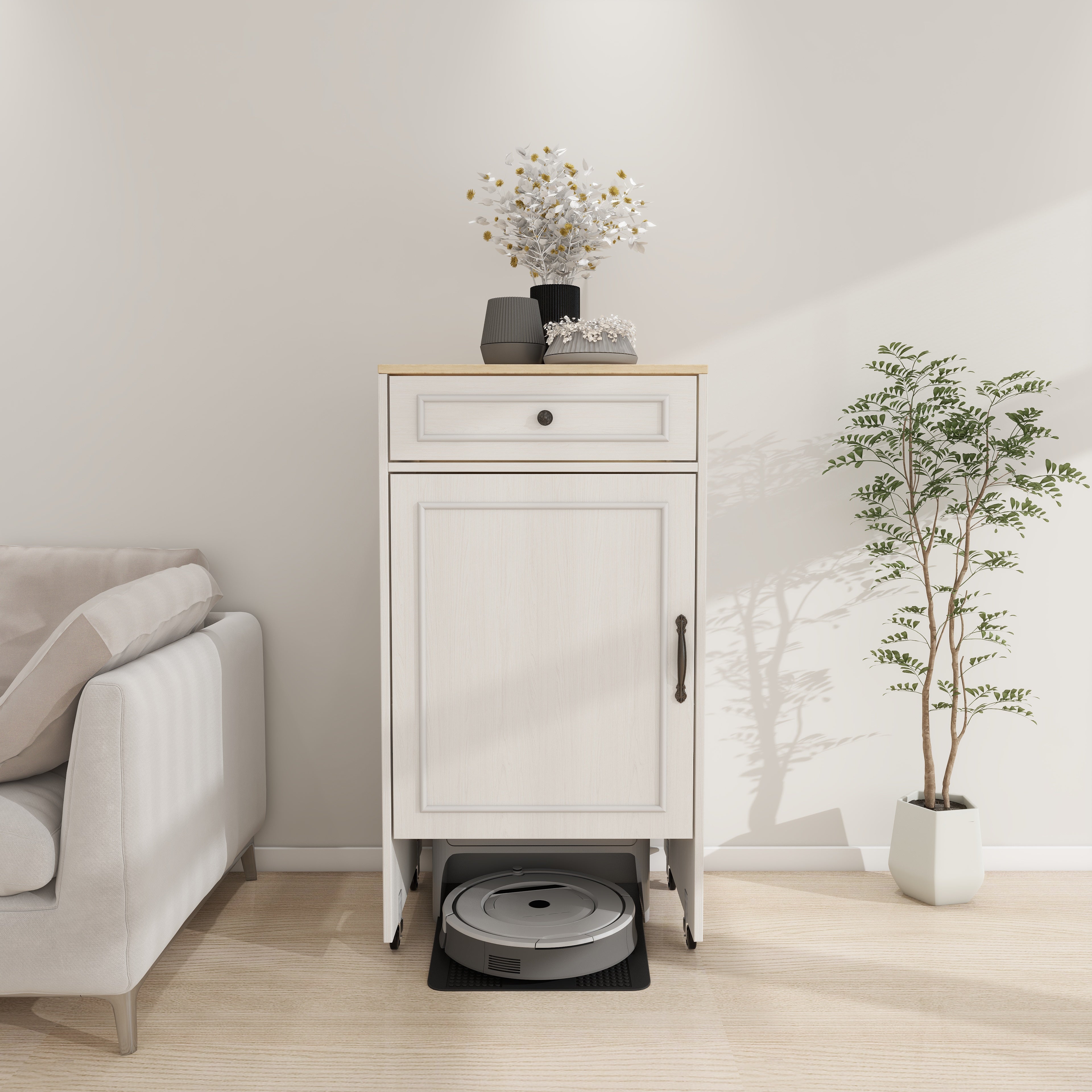 Robot Vacuum Storage Cabinet With Doors and Drawers
